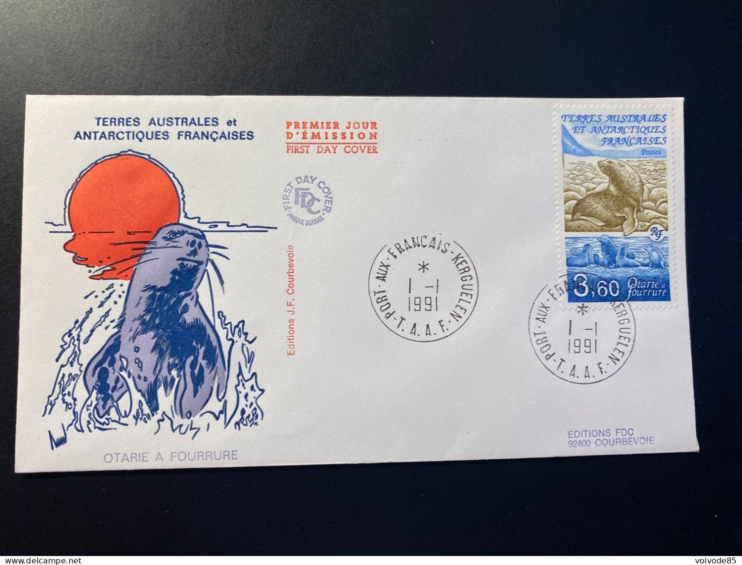 Enveloppe 1er Jour "Faune - Otarie à Fourrure" 01/01/1991 - 159 - TAAF - Iles Kerguelen - Animaux - FDC