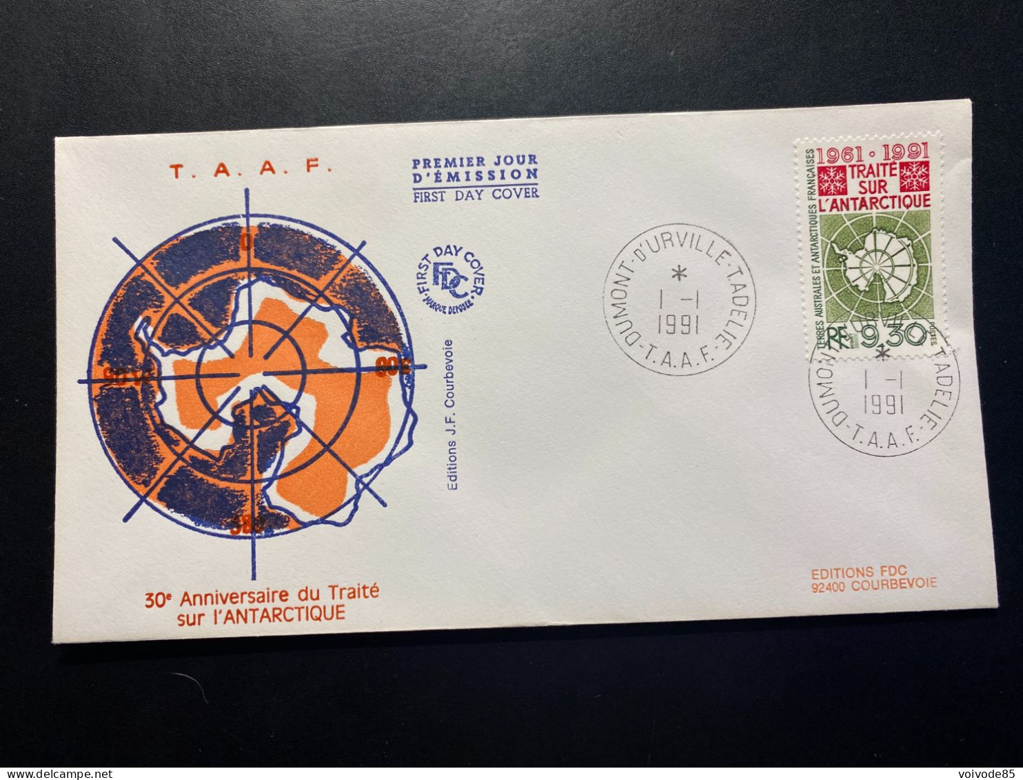 Enveloppe 1er Jour "30e Anniversaire Du Traité De L'Antarctique" 01/01/1991 - 162 - TAAF - Terre Adélie - FDC