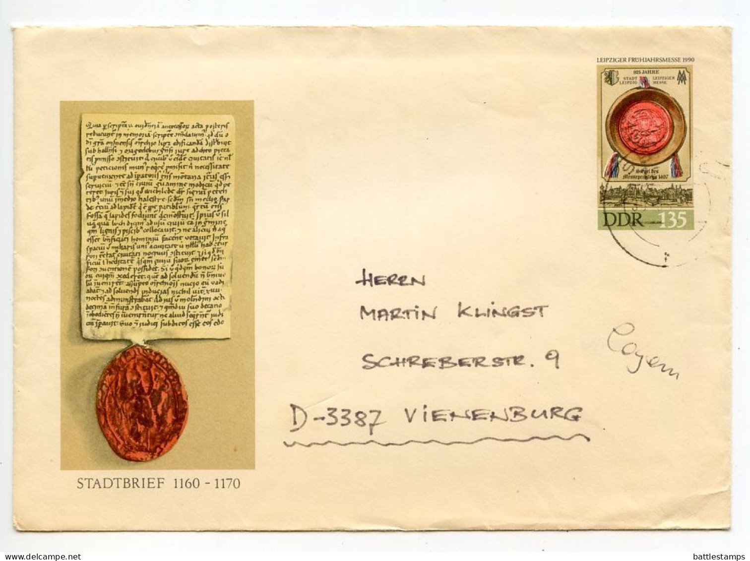 Germany, East 1990 135pf. Leipzig 825 Jahre Leipziger Messe Postal Envelope To Vienenburg - Covers - Used