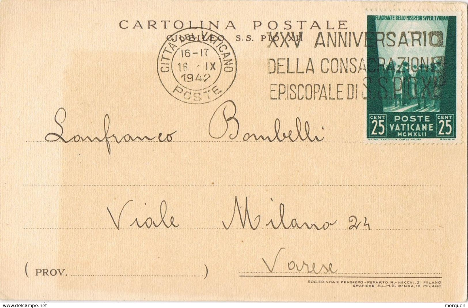 54456. Postal VATICANO 1942. Bendicion De Papa PIO XII A Destinatario. XXV Aniversario Condagracion, Signed - Brieven En Documenten