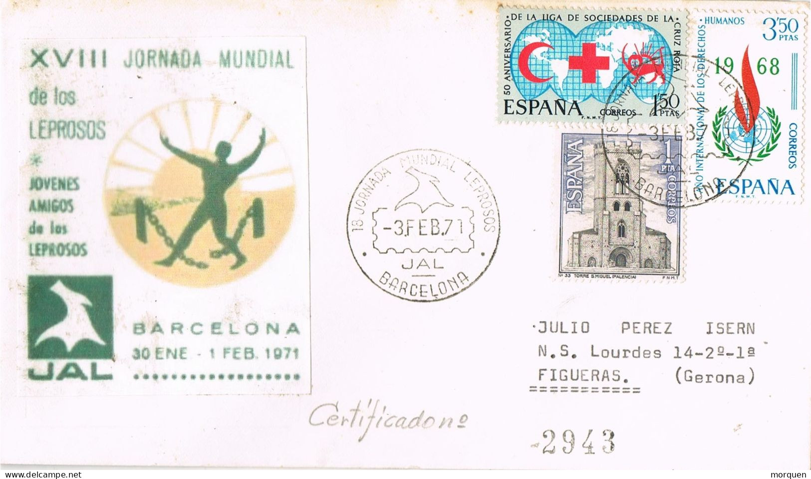 54457. Carta Certificada BARCELONA 1971. Jornada Mundial LEPROSOS, Lepra - Cartas & Documentos