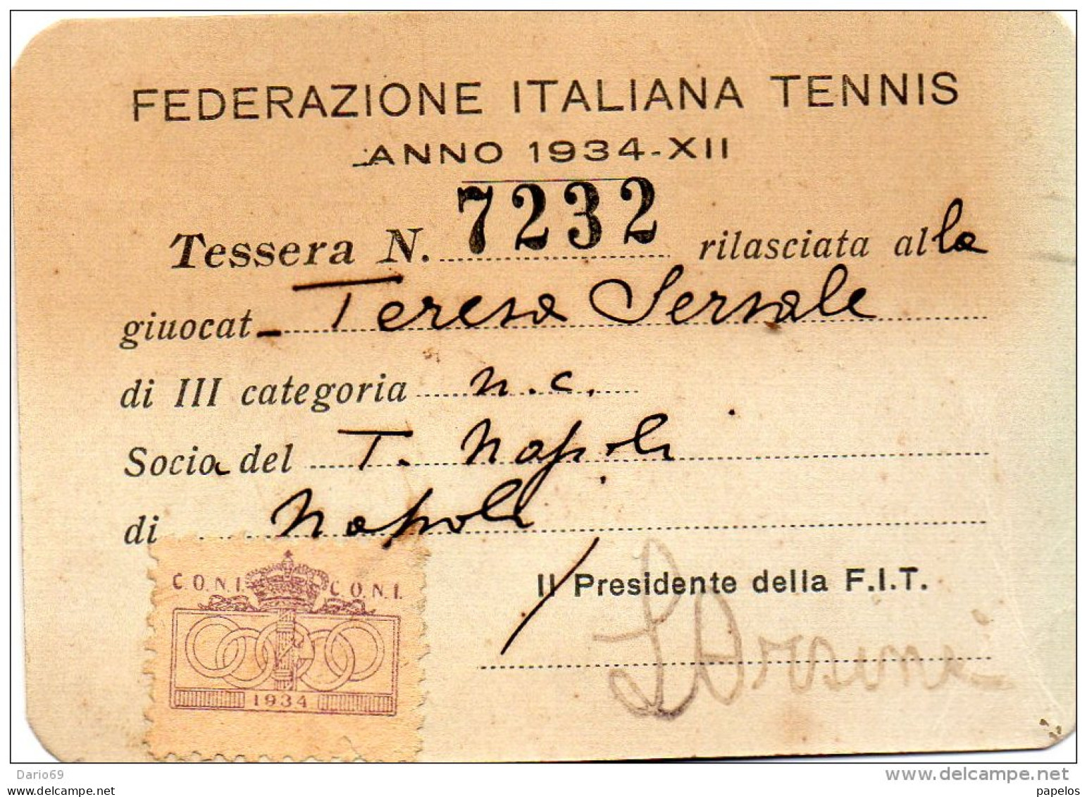 1934 TESSERA FEDERAZIONE ITALIANA TENNIS - Trading-Karten