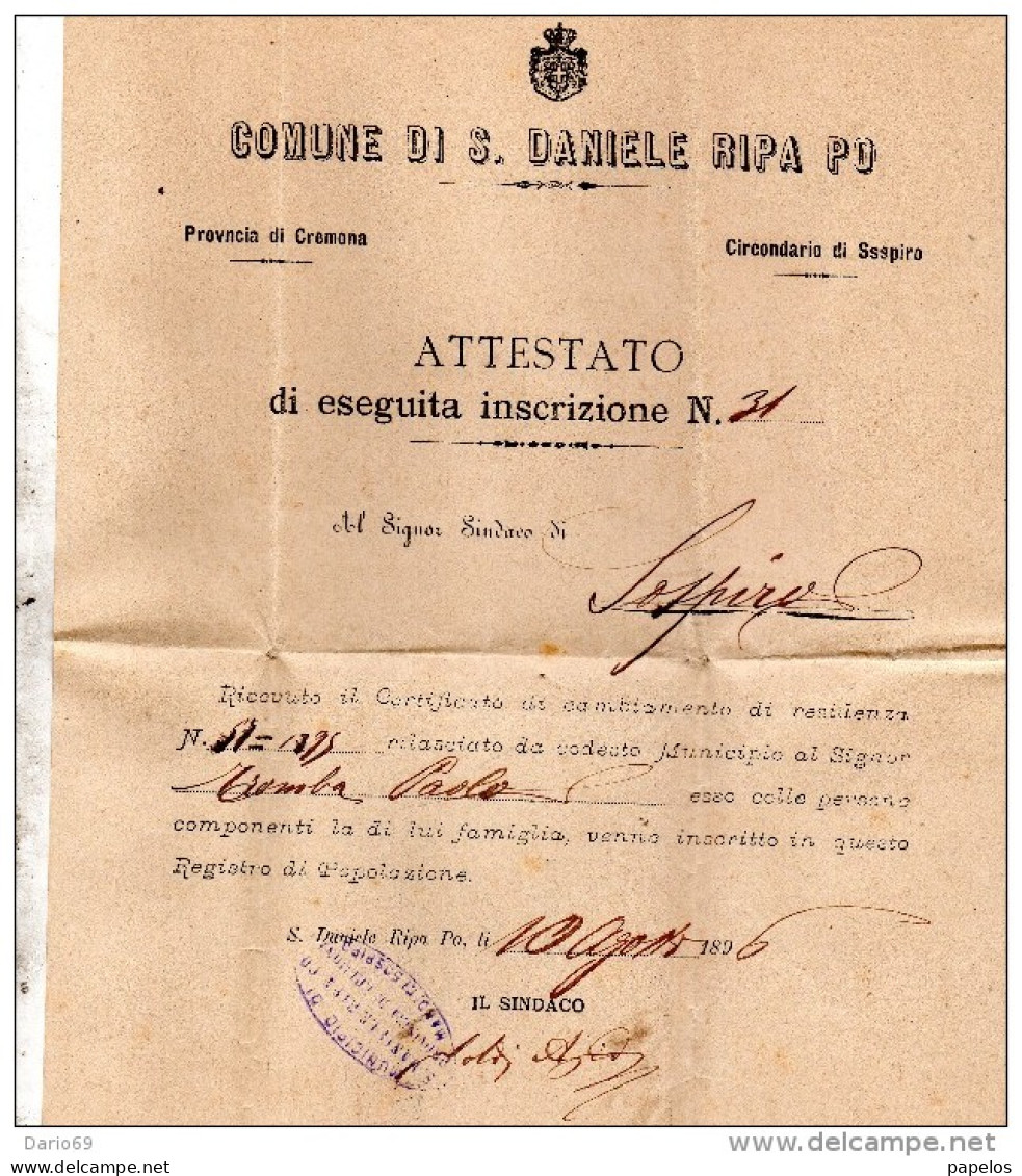 1896   LETTERA CON ANNULLO SAN DANIELE RIPA PO CREMONA - Storia Postale