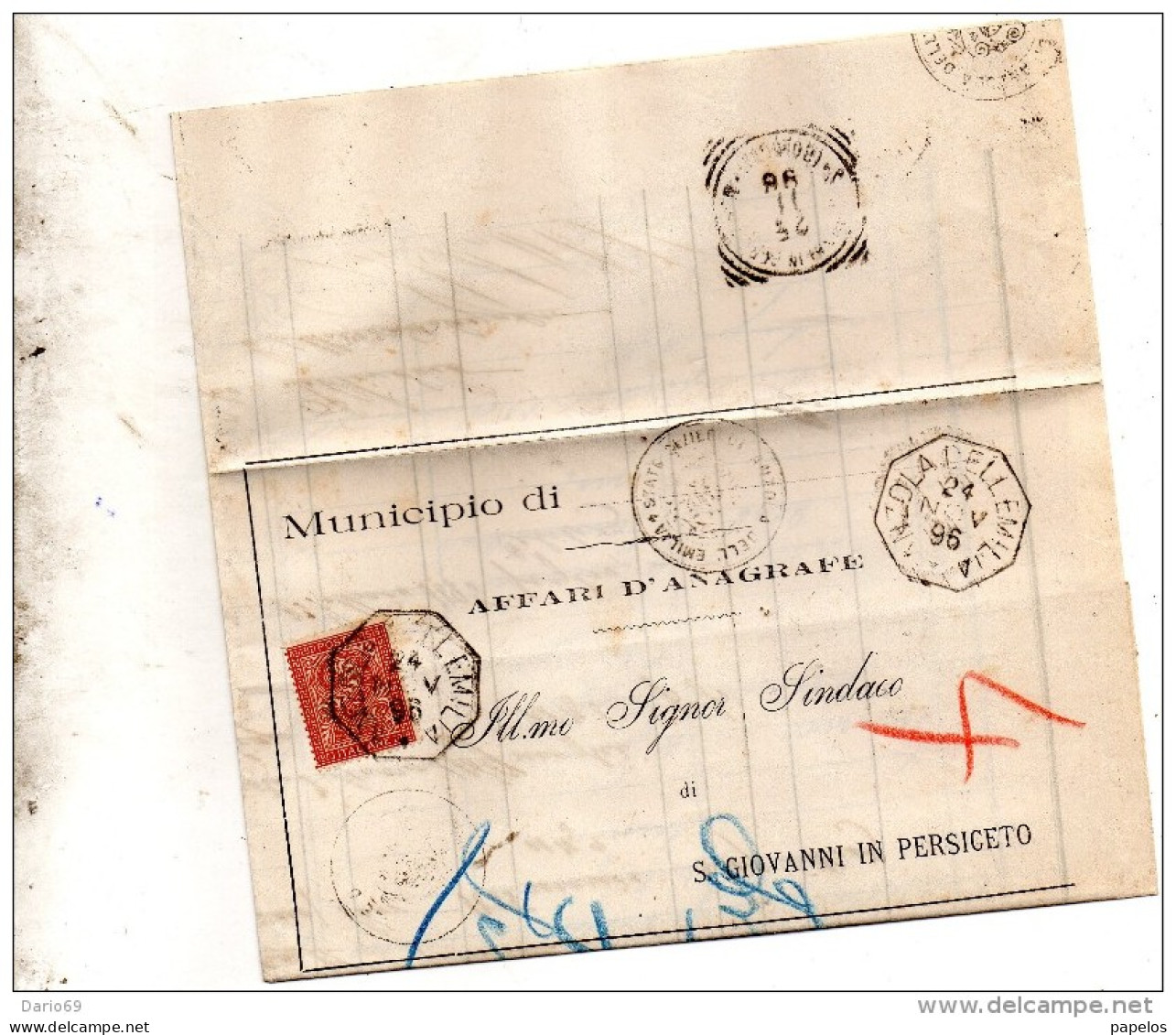 1896   LETTERA CON ANNULLO  OTTAGONALE ANZOLA DELL'EMILIA BOLOGNA - Storia Postale