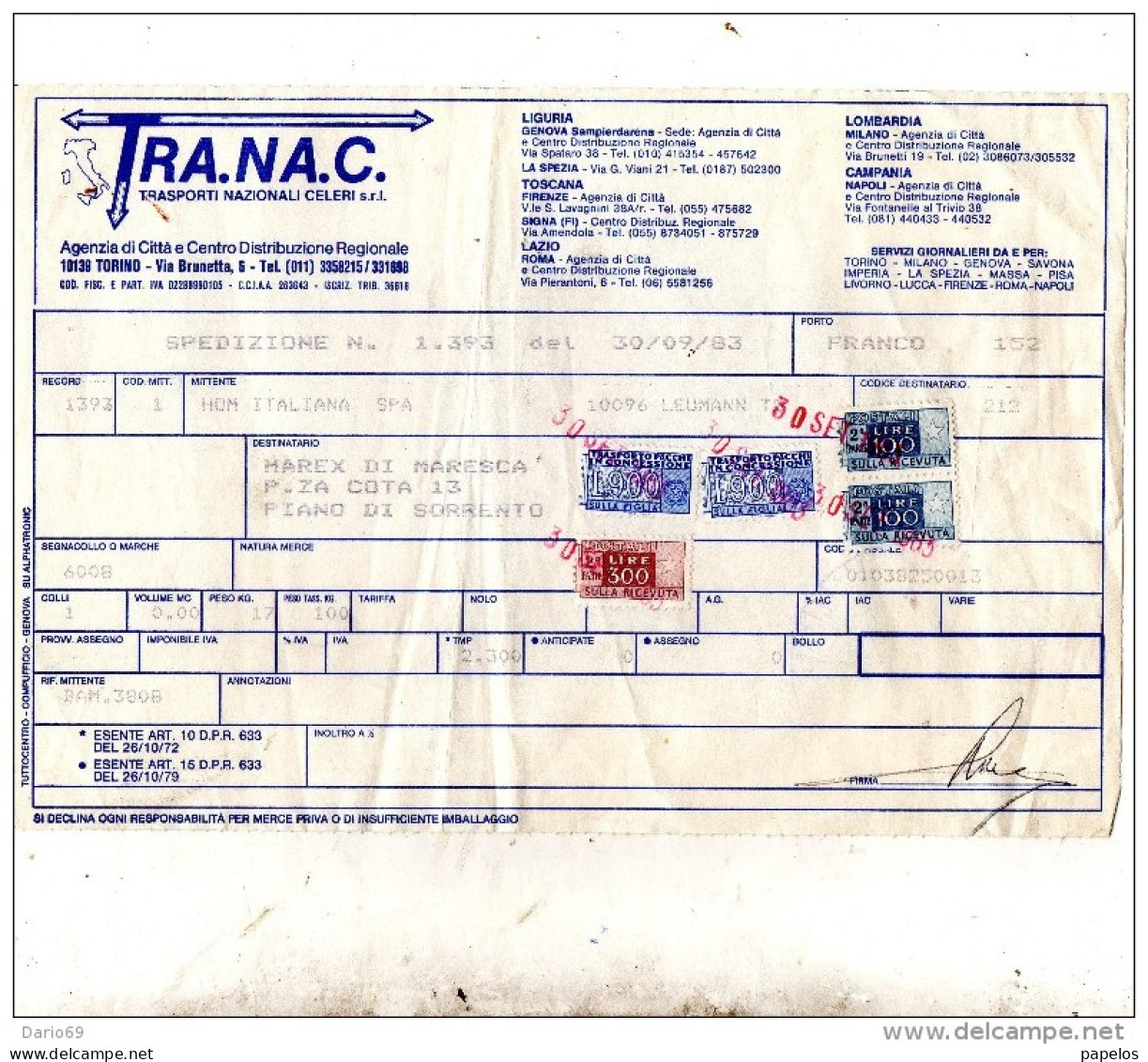 1983 FATTURA COMMERCIALE - Consigned Parcels