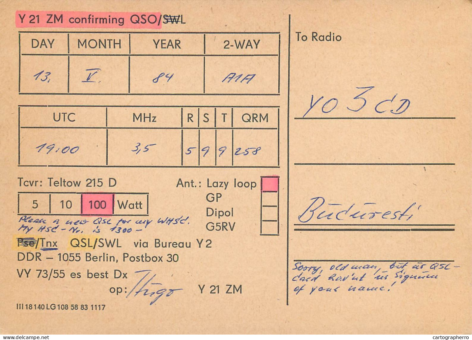 German Democratic Republic Radio Amateur QSL Card Y03CD Y21ZM 1984 - Radio Amatoriale