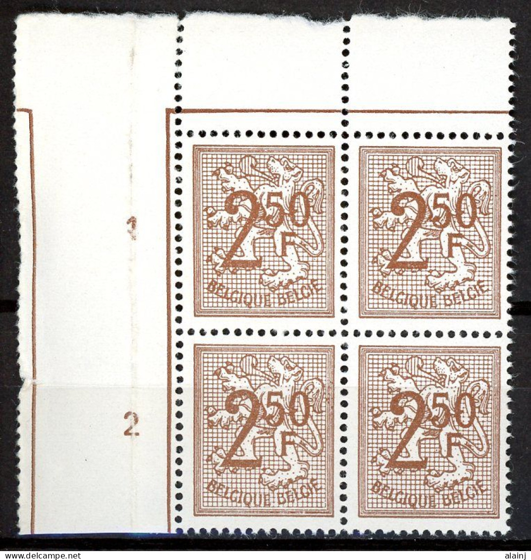 BE    1544    XX      ---      MNH  --  Chiffre Sur Lion Héraldique : Bloc De 4 Coin De Feuille - Neufs