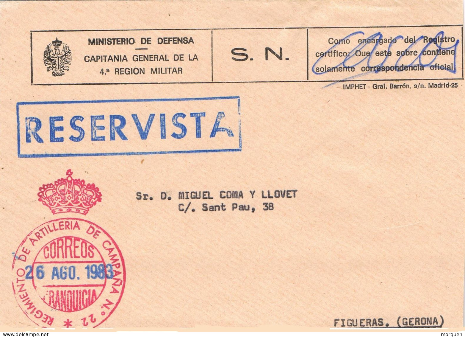 54461. Carta MADRID 1985. FRANQUICIA Regimiento Artilleria De Campaña Num 22. RESERVISTA - Covers & Documents