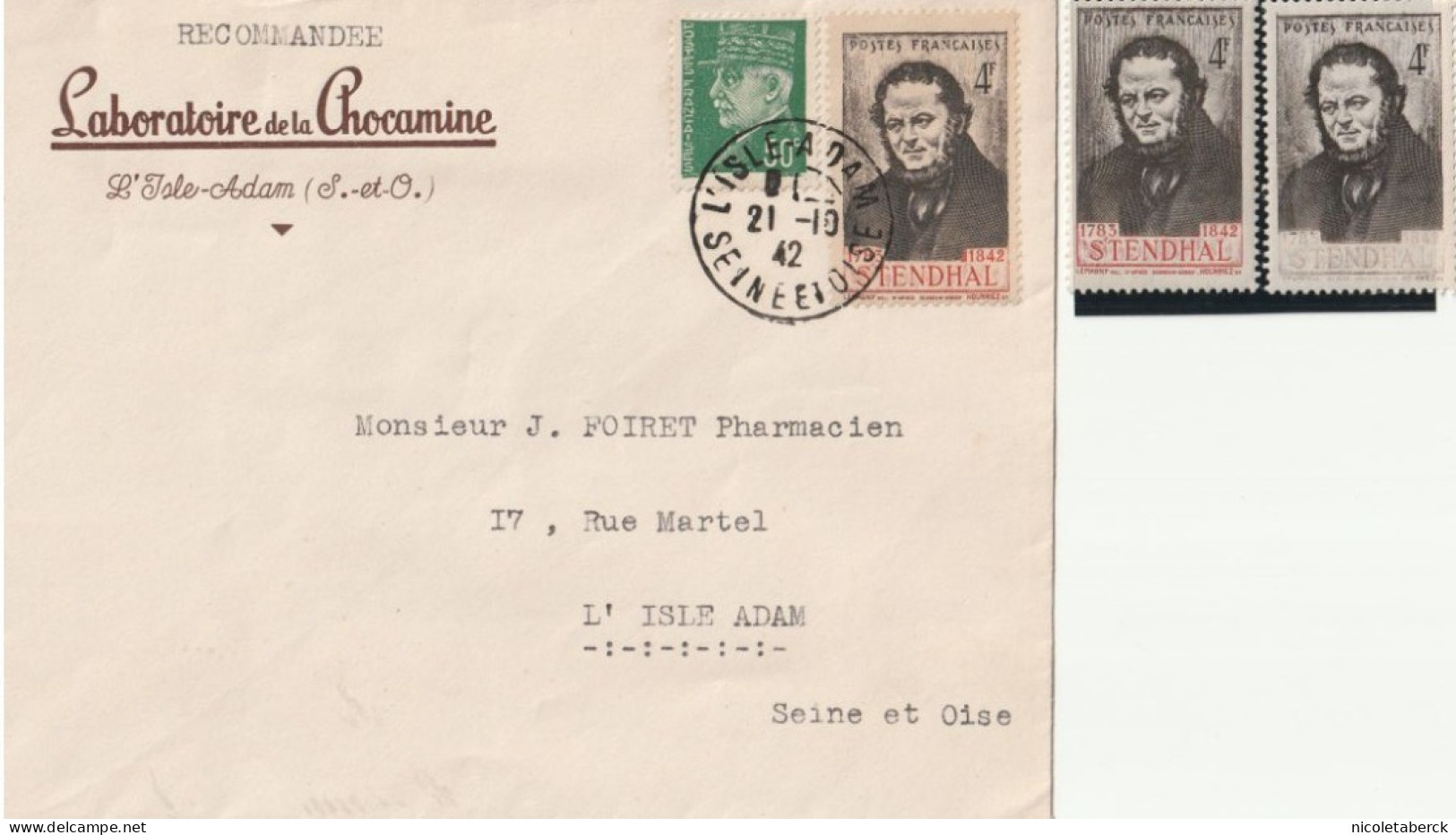 N° 550(Y&T) Sur Enveloppe Recommandée 21/10/42 L' Isle*Adam + Variété. Cote 1700€. Collection BERCK. - 1938-42 Mercurio