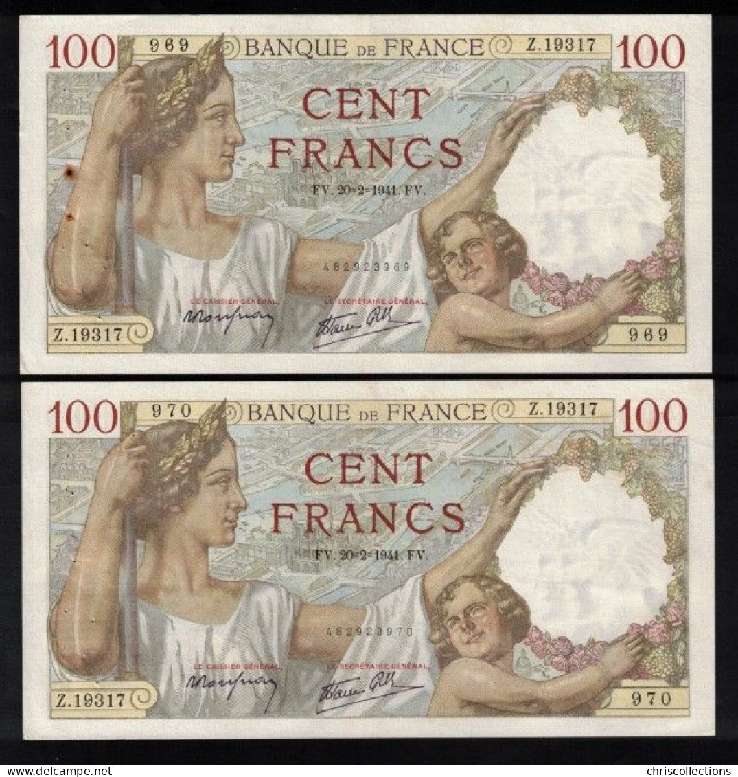 FRANCE - Lot De 2 Billets Français - 100F SULLY - F : 26/47 -  20.2.1941 - TTB/TTB+ - Numéros Qui Se Suivent - 969--970 - 100 F 1939-1942 ''Sully''