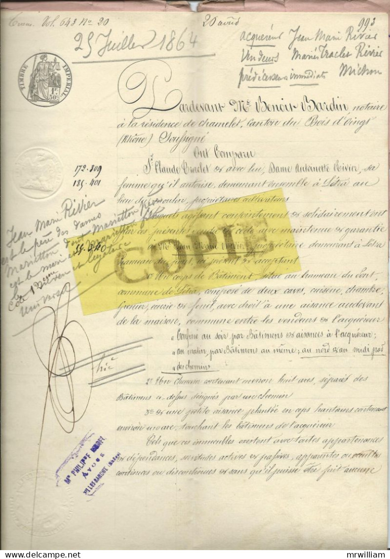 GENEALOGIE: Acte De Vente C. Traclet/ A. Rivier à J.M. Rivier à LETRA (69) 25 Juillet 1864 - Manuscripts