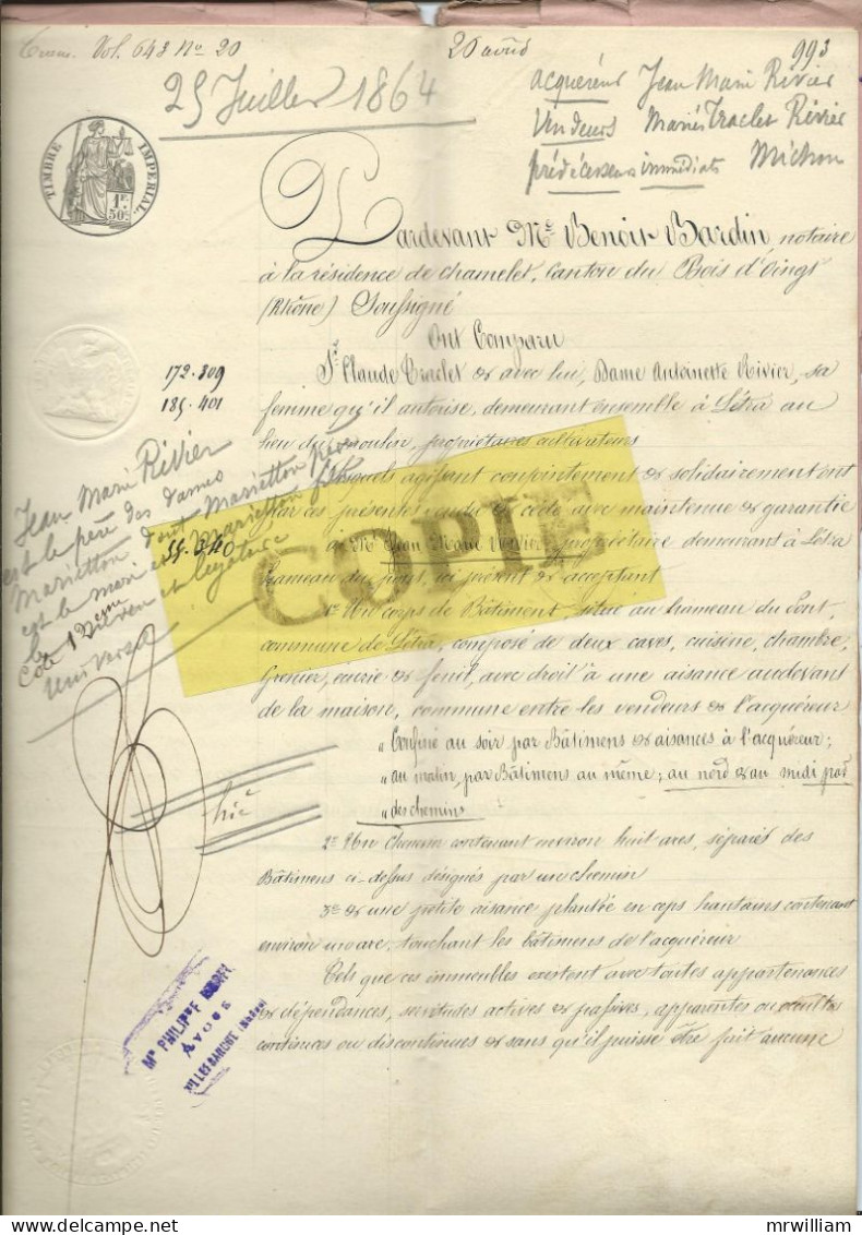 GENEALOGIE: Acte De Vente C. Traclet/ A. Rivier à J.M. Rivier à LETRA (69) 25 Juillet 1864 - Manuskripte