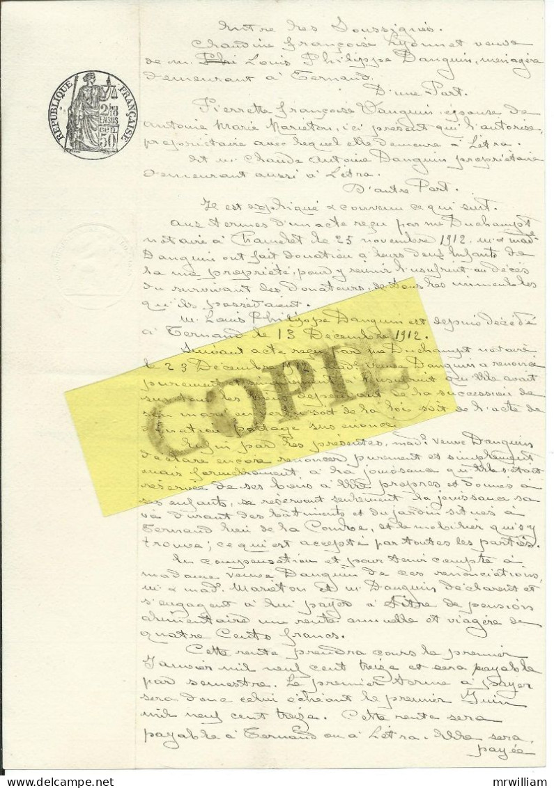 GENEALOGIE: Renonciation D'usufruit C.F. Lyonnet Et P.F. Danguin (TERNAND/LETRA) Decembre 1912 - Manuscripts