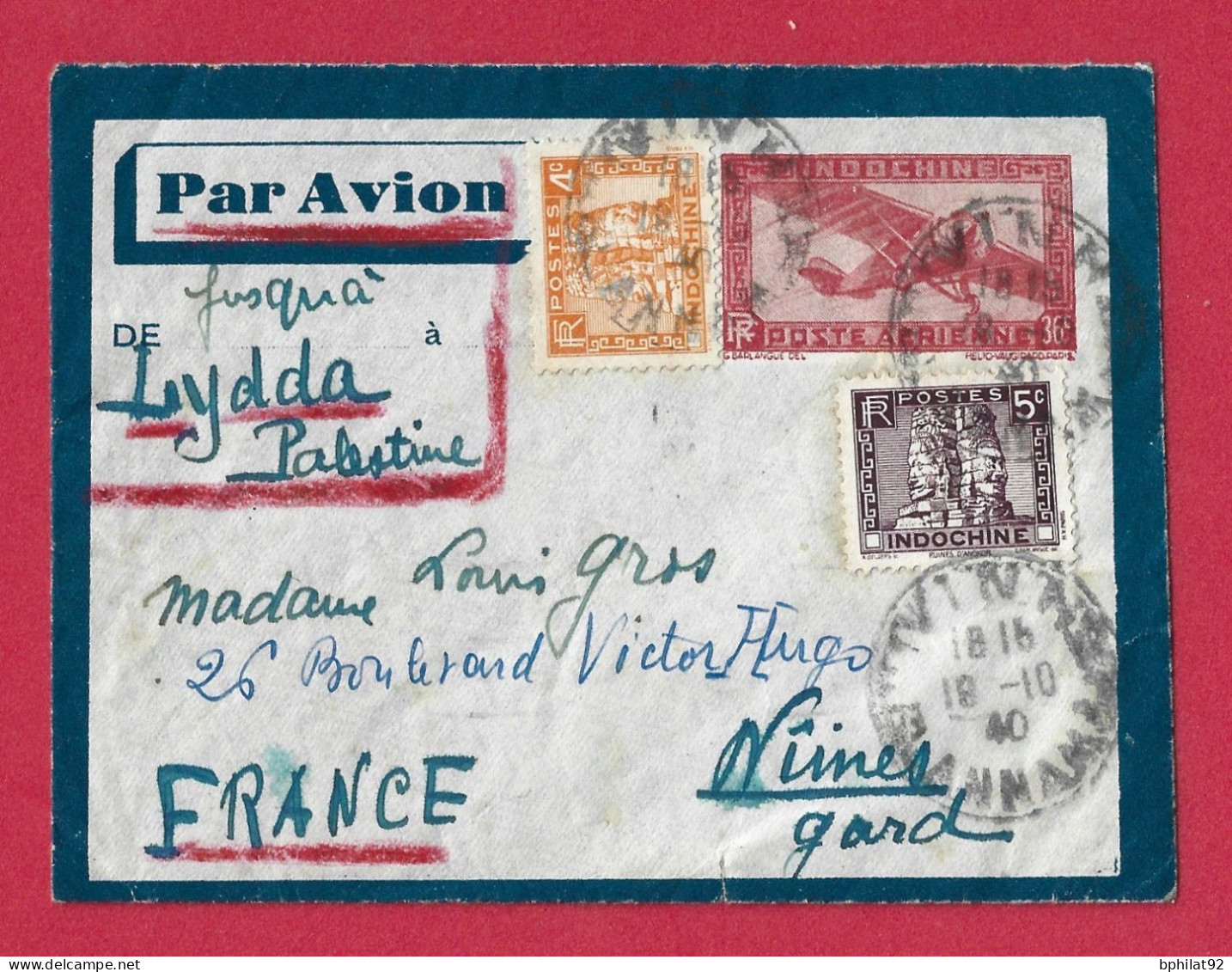 !!! INDOCHINE, LETTRE PAR AVION DE VINH-ANNAM VIA LYDDA, PALESTINE POUR LA FRANCE DE 1940 - Posta Aerea