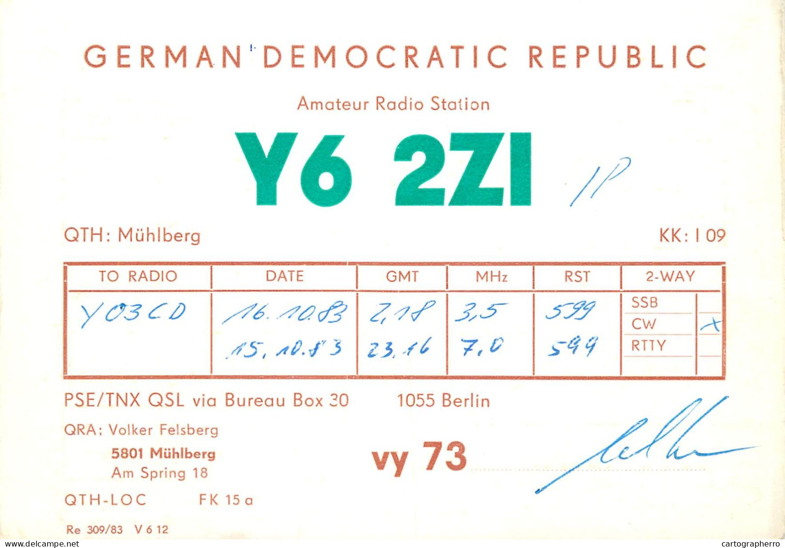 German Democratic Republic Radio Amateur QSL Card Y03CD Y62ZI 1983 - Radio Amatoriale