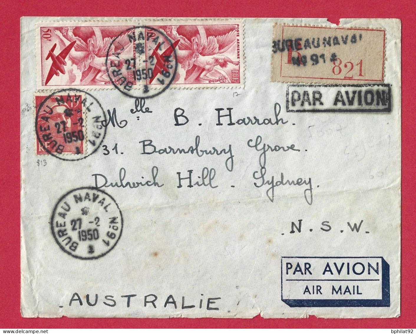 !!! INDOCHINE, LETTRE RECOMMANDÉE PAR AVION DU BUREAU NAVAL NUMÉRO 91 POUR SYDNEY, AUSTRALIE DE 1950 - Luchtpost