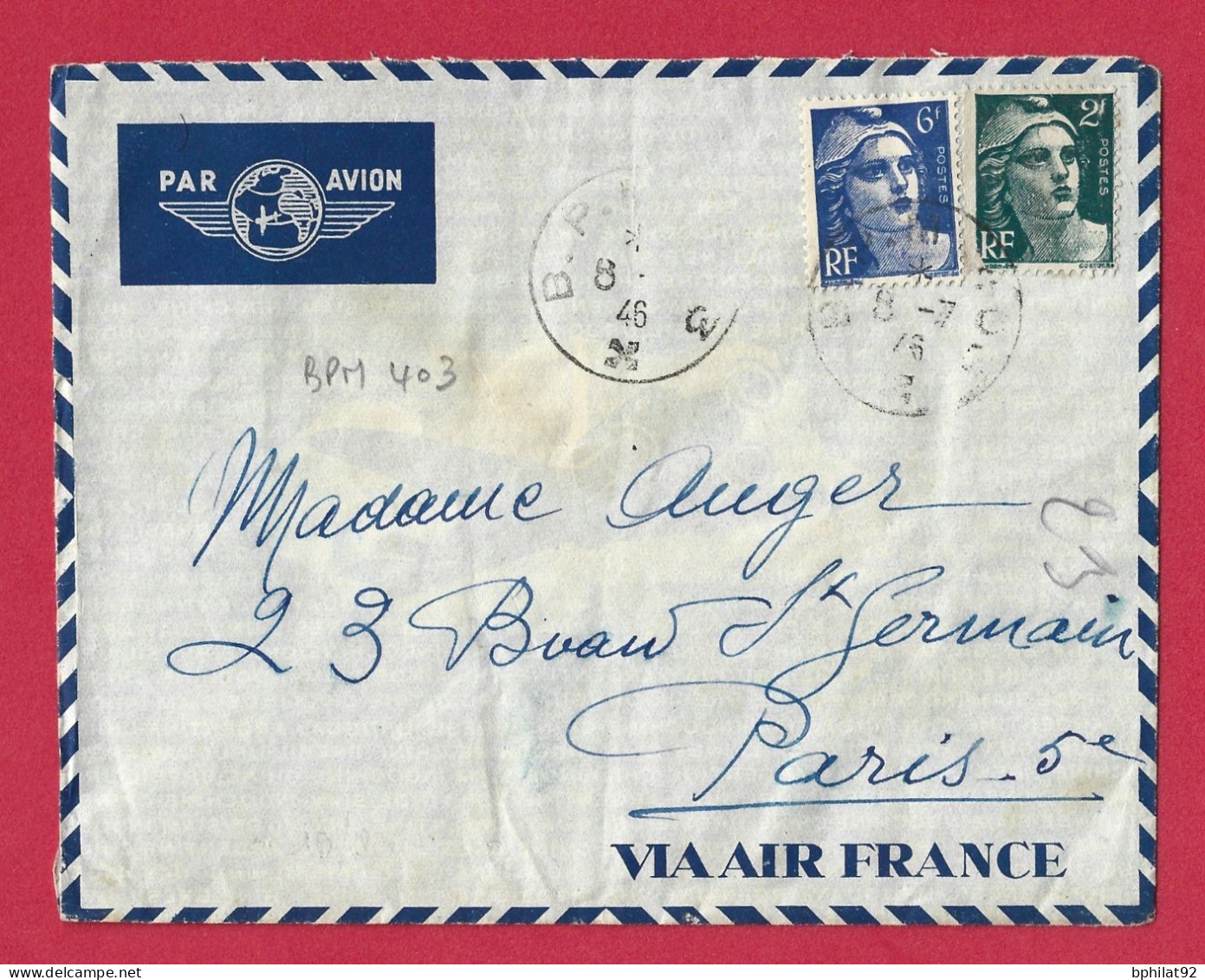 !!! INDOCHINE, LETTRE PAR AVION BPM 403 POUR PARIS DE 1946, AFFRANCHISSEMENT GANDON - Poste Aérienne