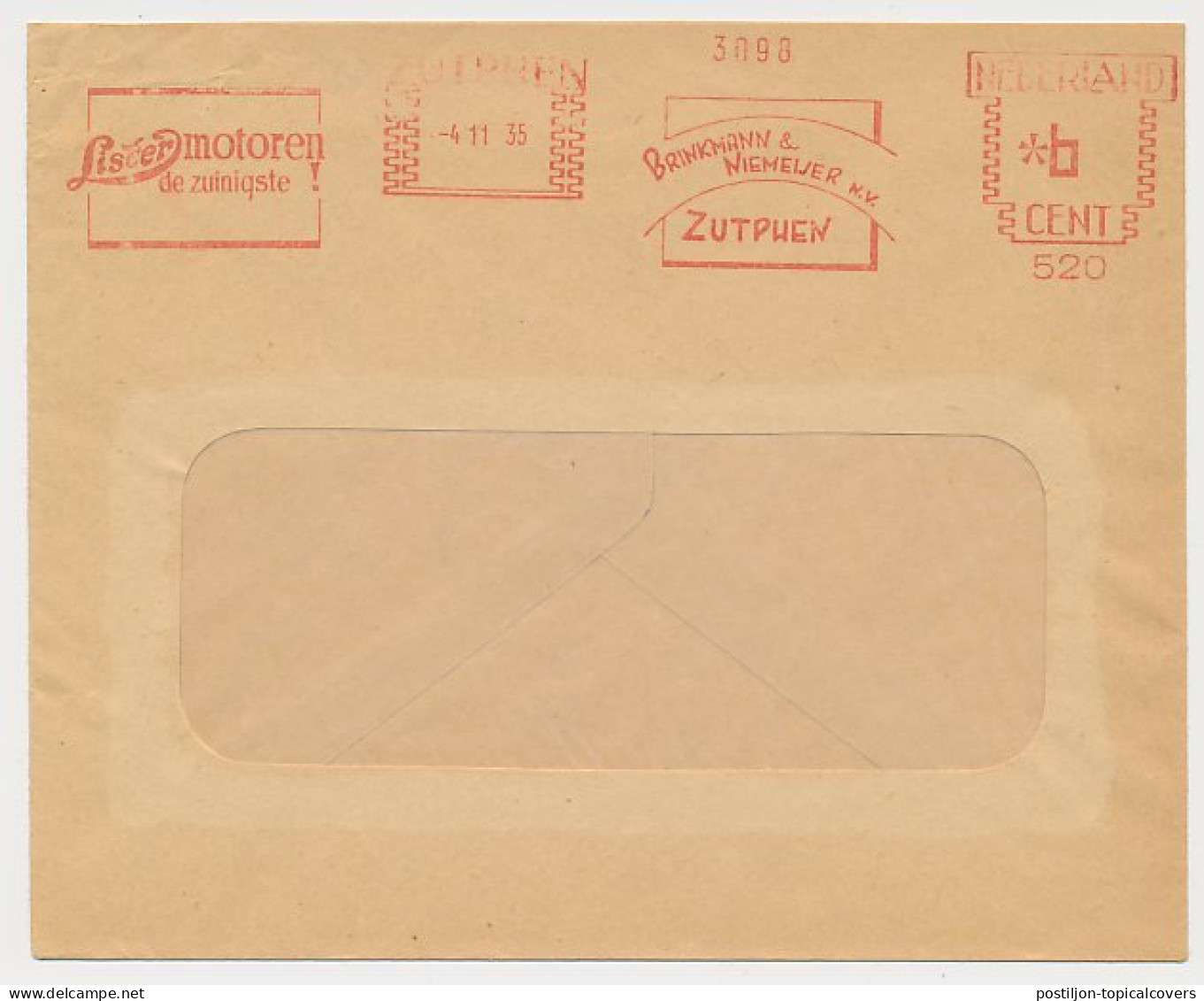 Meter Cover Netherlands 1935 Engines - Lister - The Most Economical - Zutphen - Other & Unclassified
