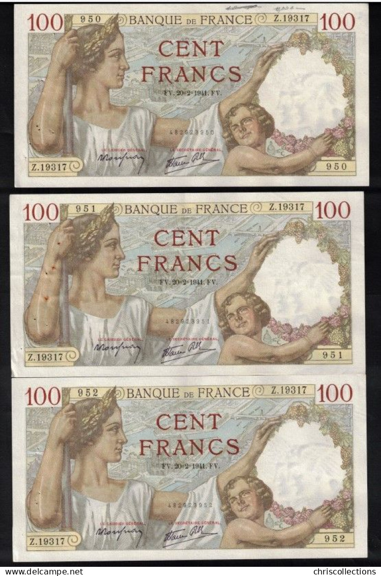 FRANCE - Lot De 3 Billets Français - 100F SULLY - F : 26/47 -  20.2.1941 - TTB/TTB+ - Numéros Qui Se Suivent - - 100 F 1939-1942 ''Sully''