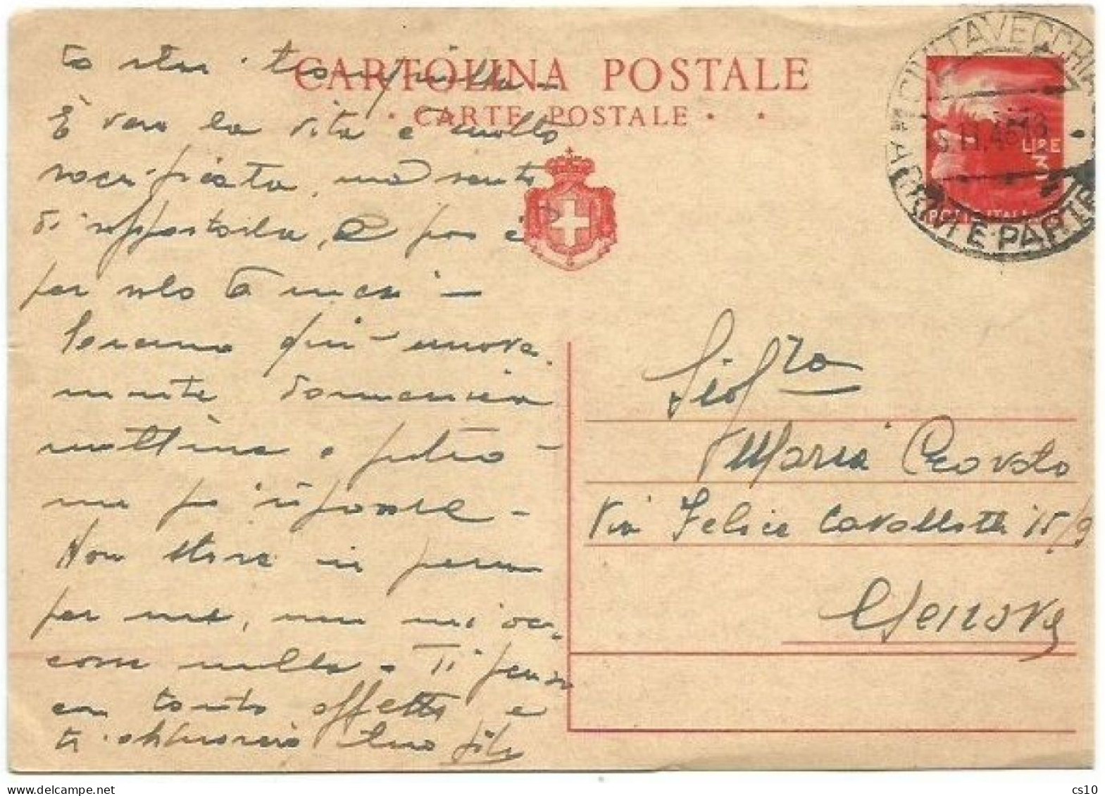 LUOGOTENENZA 15nov1946 CP Fiamma Democratica L.3 Uso X Interno - Civitavecchia - Marcofilie