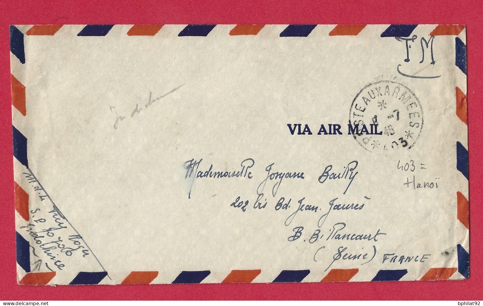 !!! INDOCHINE, LETTRE FM PAR AVION BPM 403 DE HANOÏ POUR LA FRANCE DE 1946 - Luchtpost