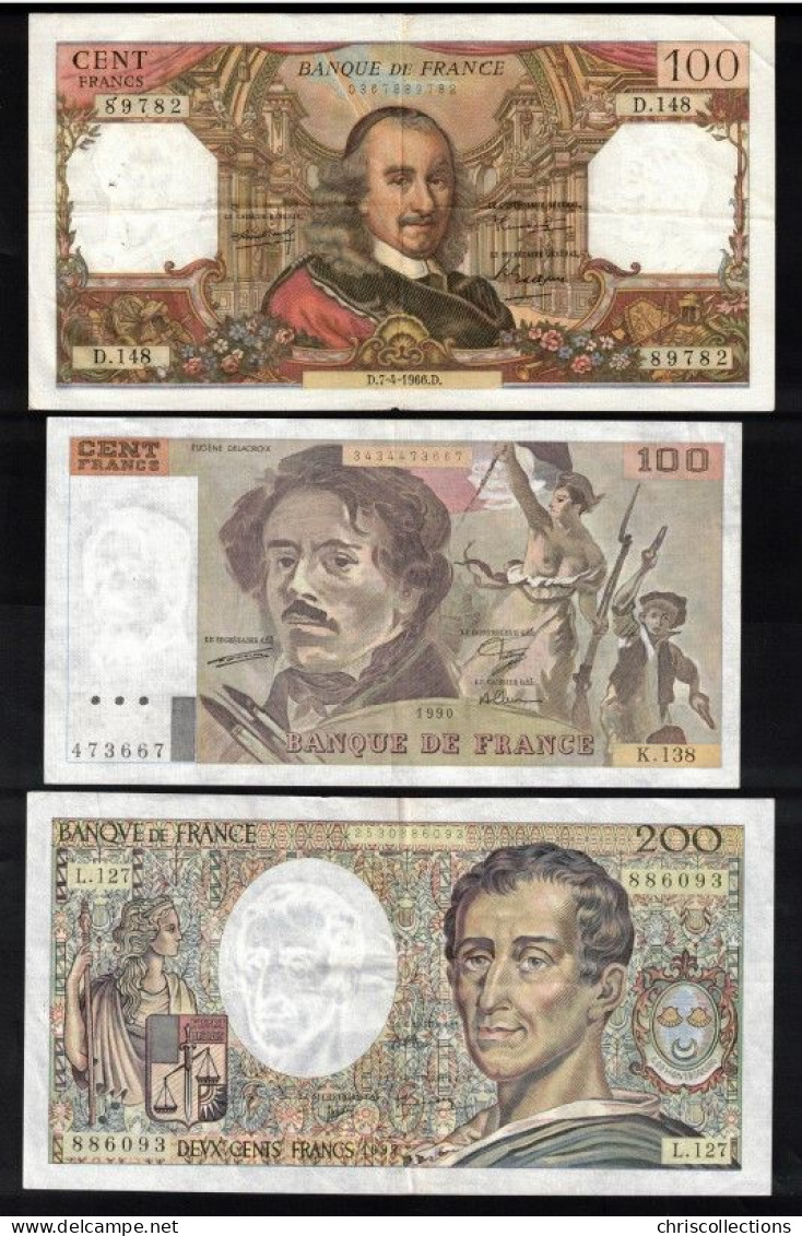 FRANCE - Lot De 3 Billets Français - 100F Corneille - 100 F Delacroix - 200 F Montesquieu - 100 F 1964-1979 ''Corneille''