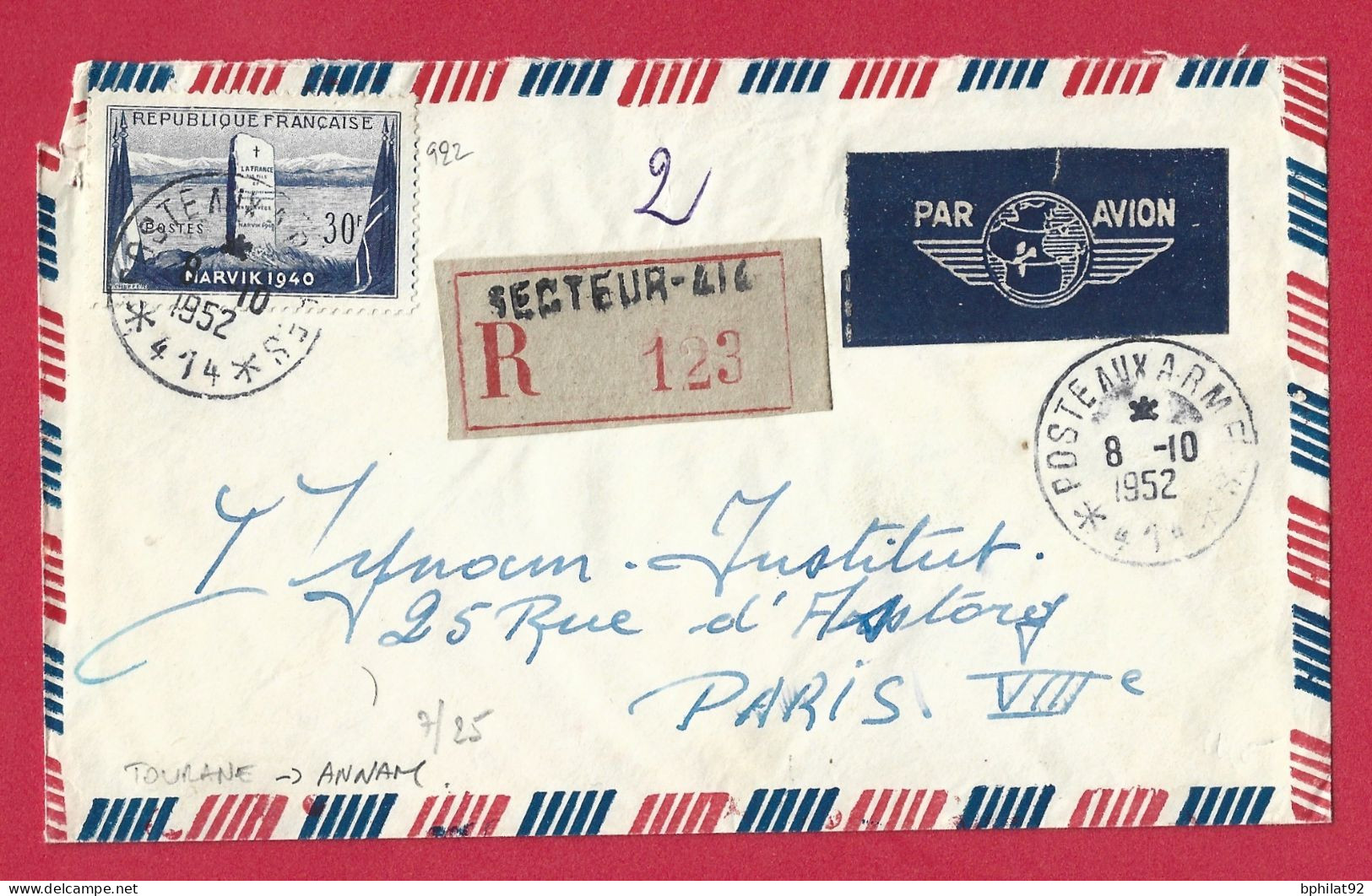 !!! INDOCHINE, LETTRE RECOMMANDÉE PAR AVION SECTEUR 414 DE ANNAM POUR PARIS DE 1952 - Aéreo