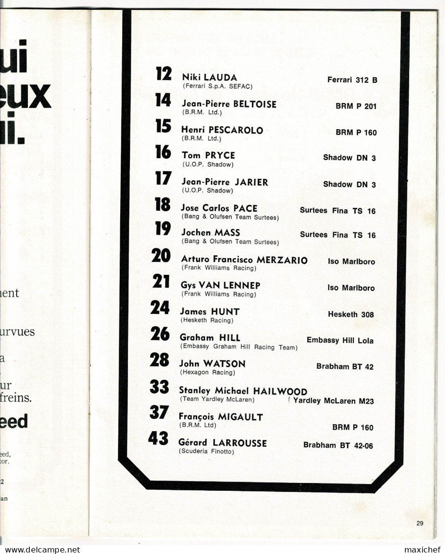Grand Prix France, Championnat du Monde F1 - Circuit Dijon Prenois, 7 Juillet 1974, 16 X 24 cm, 64 pages, poids 132 gr