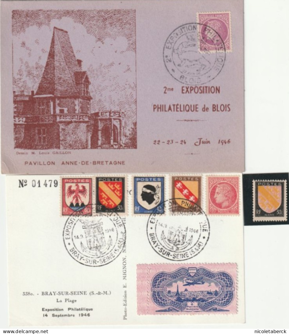 Cérès De Mazelin,  Carte Expos Blois 22/6/46 + Carte Avec N°755/8  Bray Sur Seine 14/9/46 + Variété . Collection BERCK. - 1945-47 Cérès De Mazelin