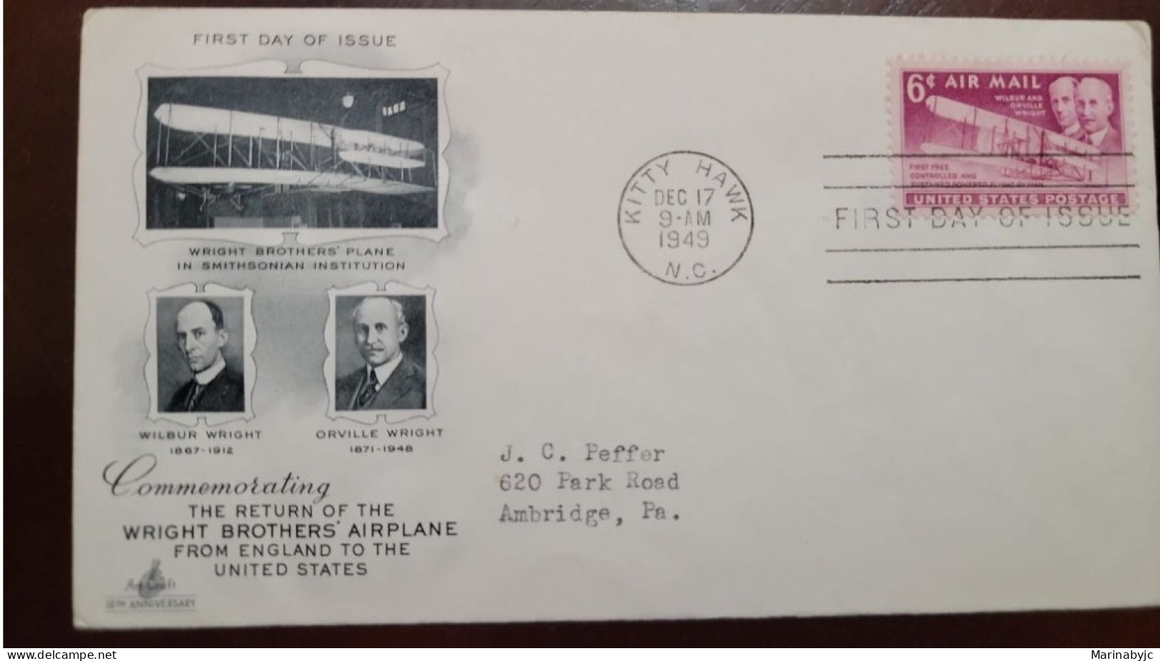 EL)1949 UNITED STATES, COMMEMORATING THE RETURN OF THE WRIGHT BROTHERS' PLANE, WILBUR WRIGHT & ORVILLE WRIGHT, FDC - Ongebruikt