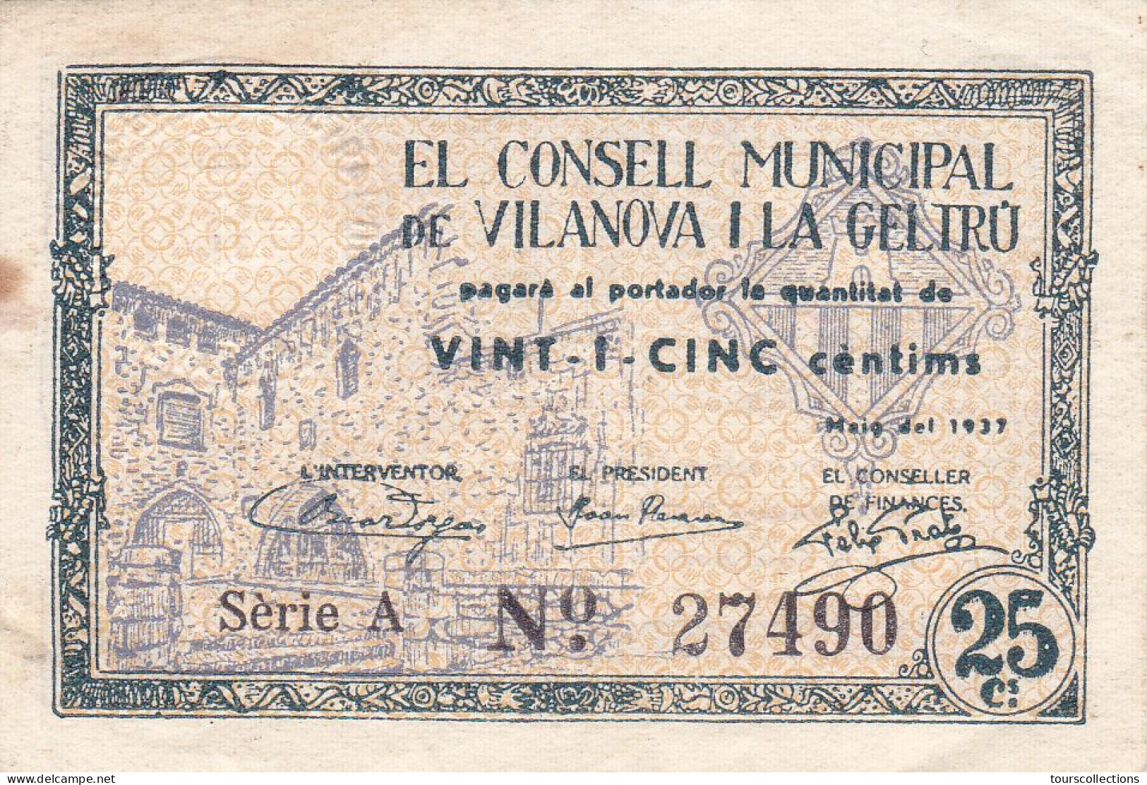 ESPAGNE - ESPAÑA. Emisiones Locales Republicanas 1937 25 CENTIMOS VILANOVA I LA GELTRU (Barcelona) 1937 Série A - 1-2 Peseten