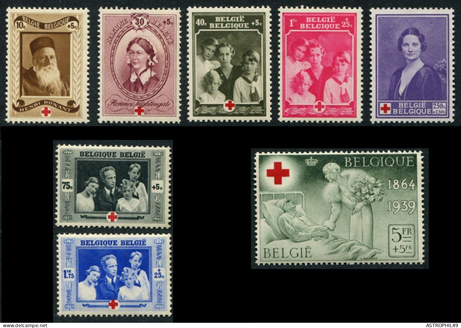 1939 BE Croix-Rouge, H Dunant, F Nightingale, Reines Elisabeth & Astrid, Roi Léopold III A; Cob 496-503 - Croce Rossa