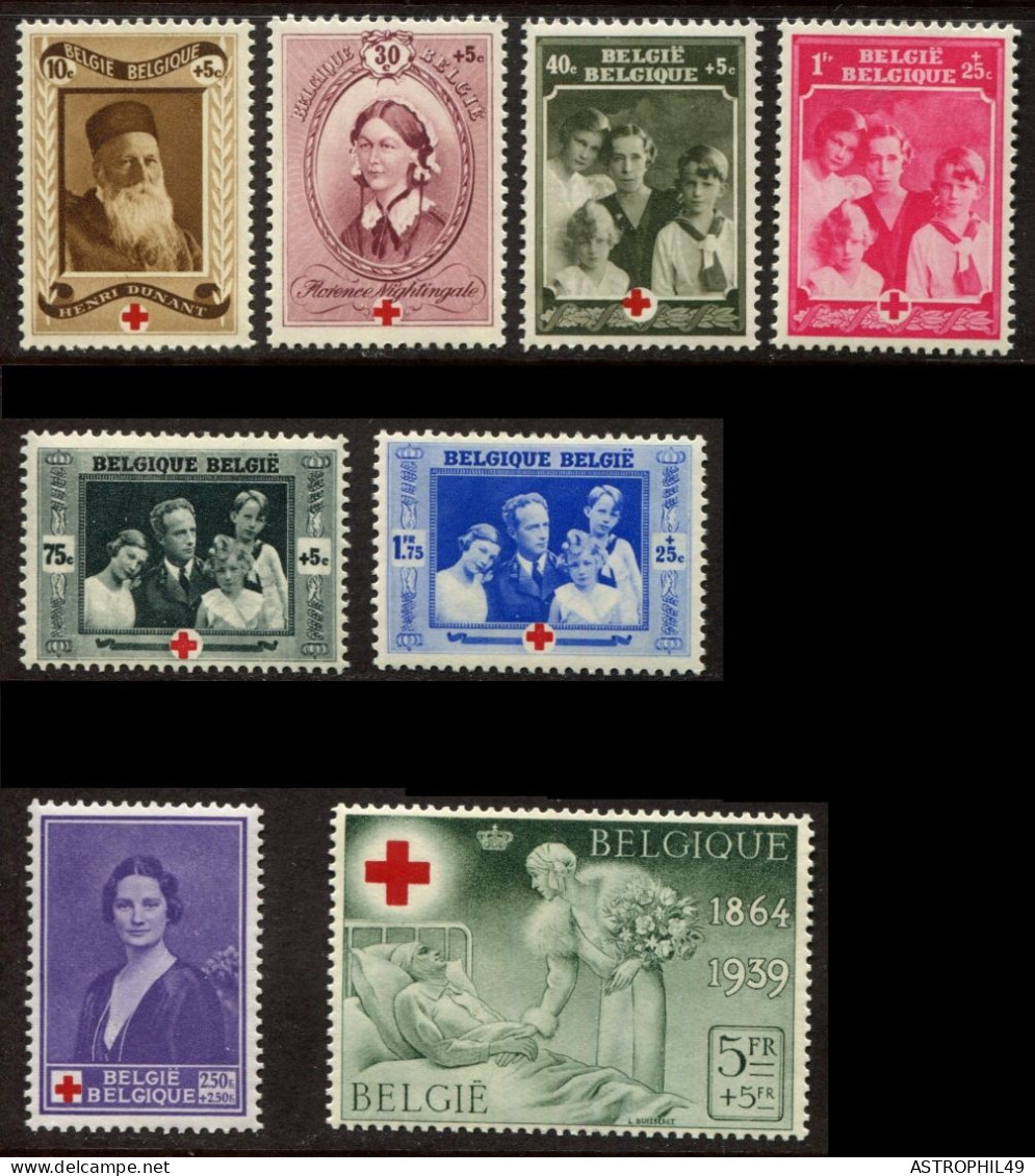 1939 BE Croix-Rouge, H Dunant, F Nightingale, Reines Elisabeth & Astrid, Roi Léopold III A; Cob 496-503 - Croce Rossa