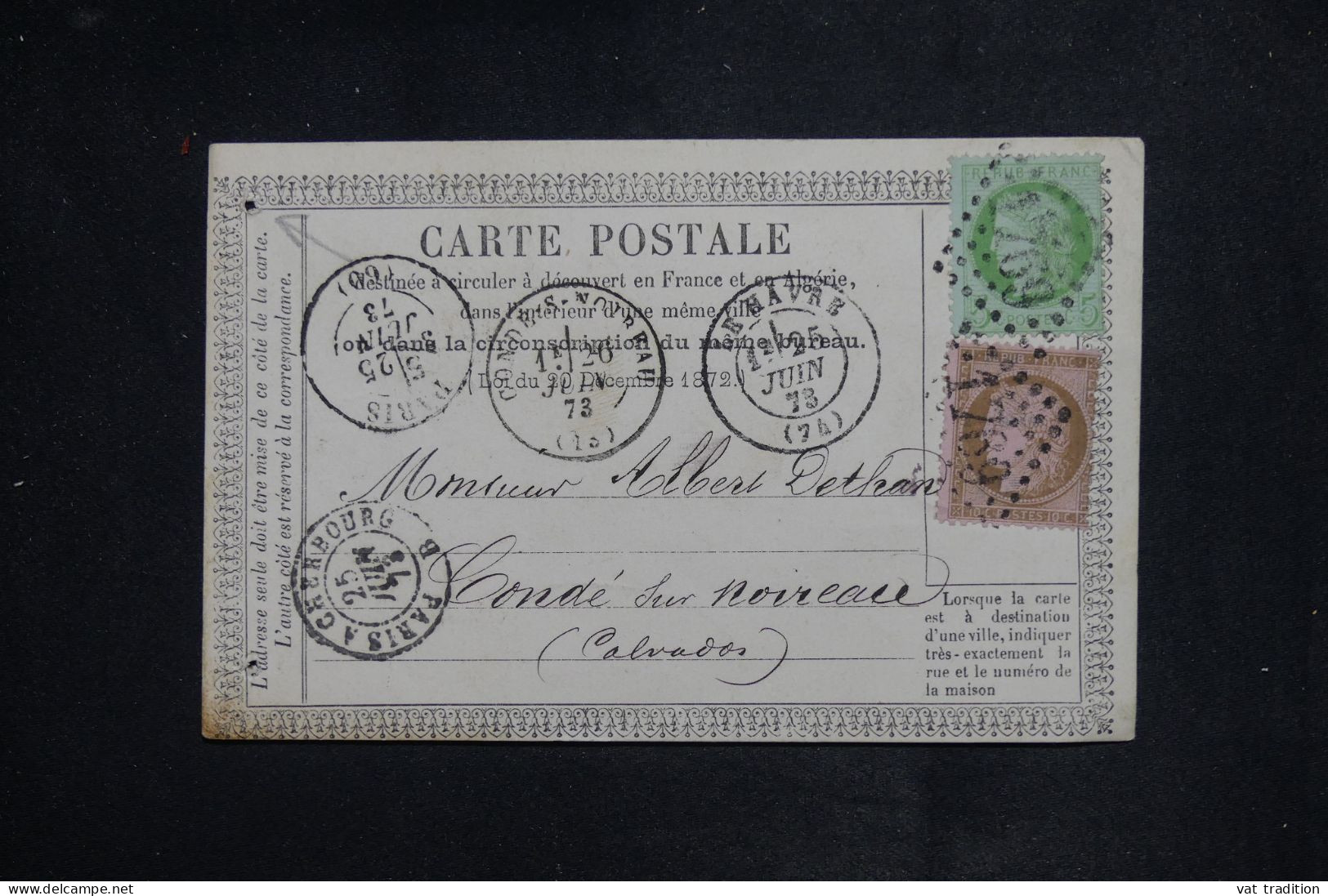 FRANCE  - Carte Précurseur De Le Havre Pour Condé Sur Noireau En 1873  - L 150914 - Cartes Précurseurs