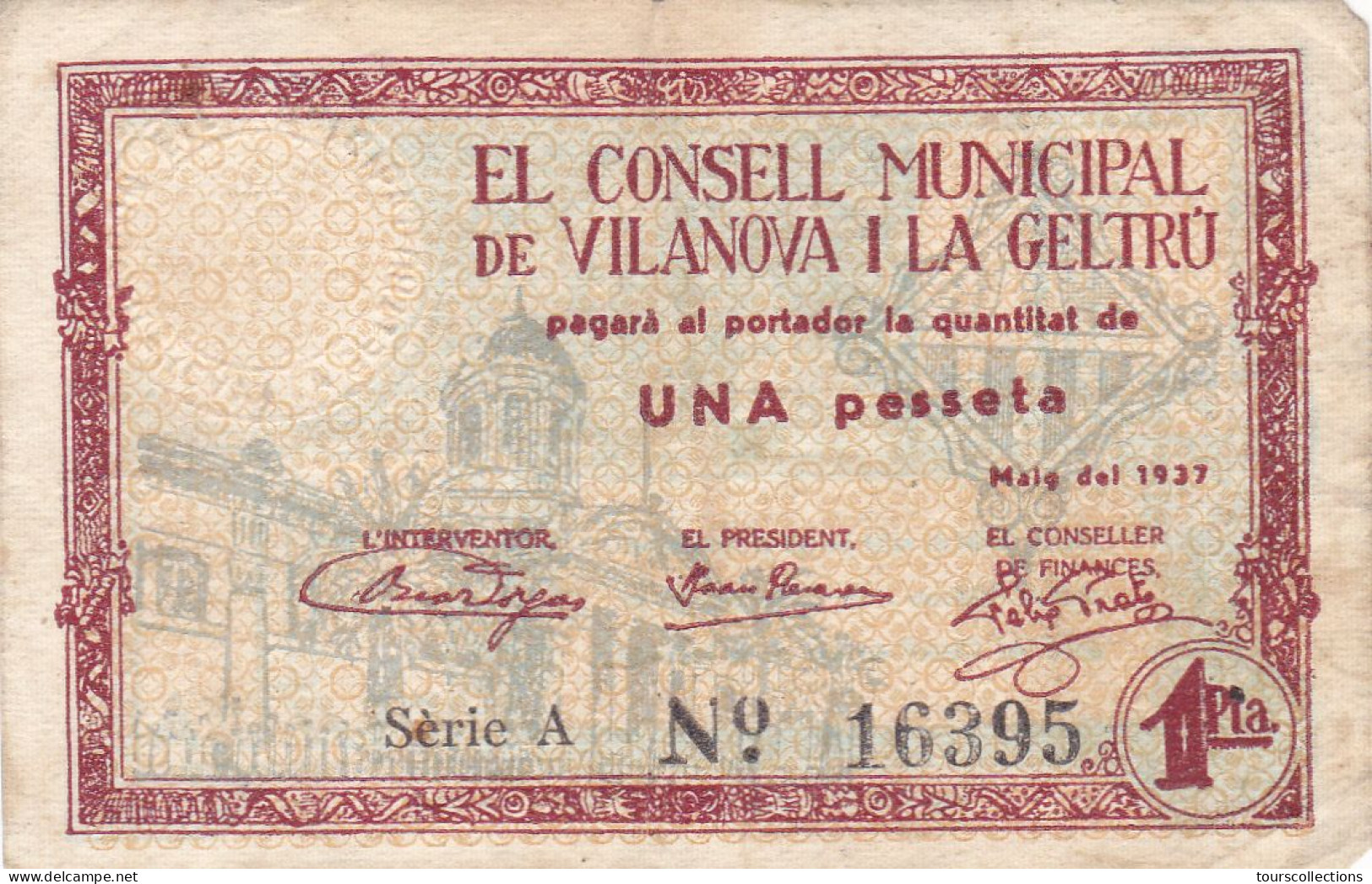 ESPAGNE - ESPAÑA. Emisiones Locales Republicanas 1937 1 PESETA  VILANOVA I LA GELTRU (Barcelona) 1937 Série A - 1-2 Pesetas