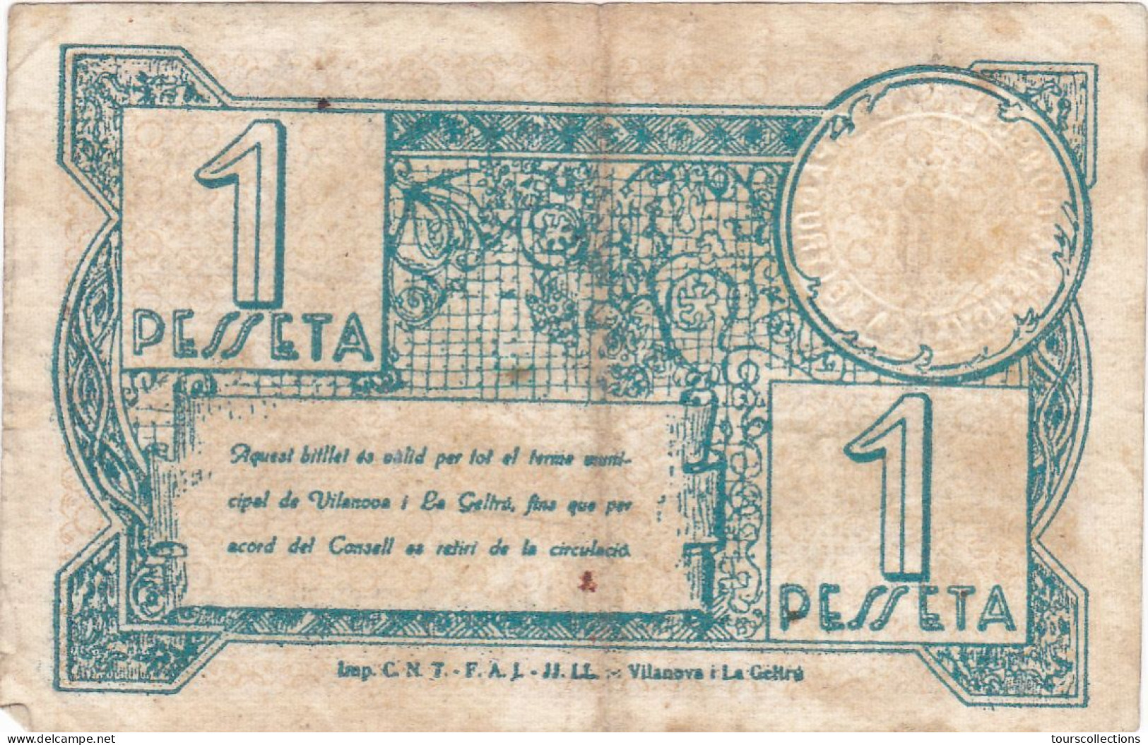 ESPAGNE - ESPAÑA. Emisiones Locales Republicanas 1937 1 PESETA  VILANOVA I LA GELTRU (Barcelona) 1937 Série A - 1-2 Pesetas