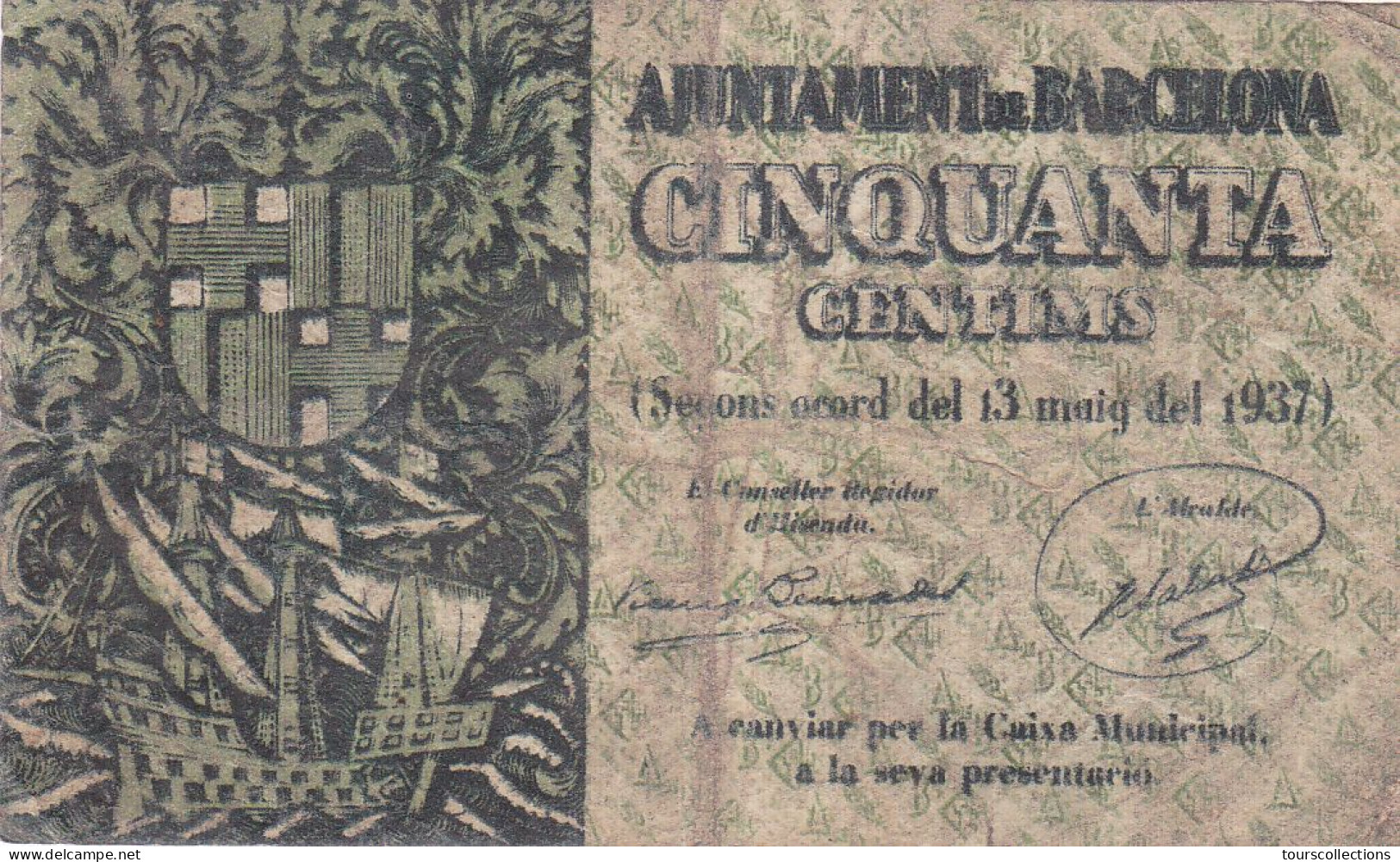 ESPAGNE - ESPAÑA. Emisiones Locales Republicanas 50 Centimos 1937  (Barcelona) 1937 Série C 998520 - Otros & Sin Clasificación