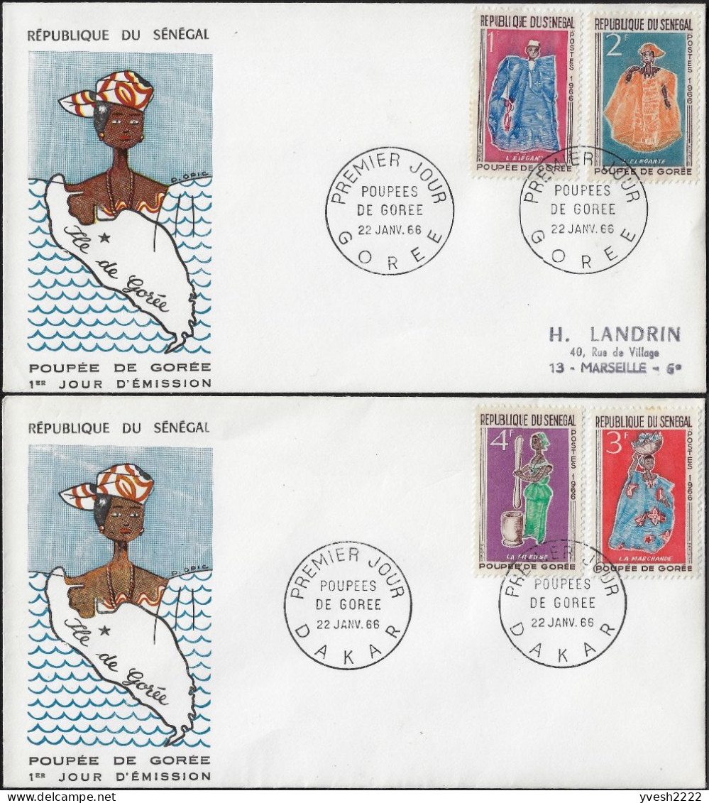 Sénégal 1966 Y&T 266 à 269 Sur 2 FDC. Poupées De Gorée. L'Élégant, L'élégante, La Marchande, La Pileuse - Poppen