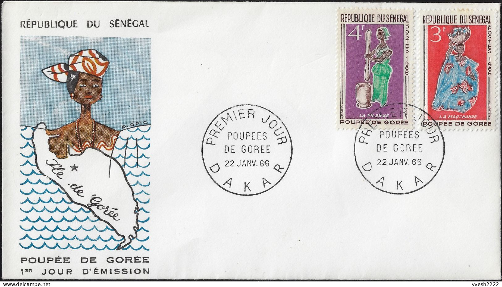 Sénégal 1966 Y&T 266 à 269 Sur 2 FDC. Poupées De Gorée. L'Élégant, L'élégante, La Marchande, La Pileuse - Puppen
