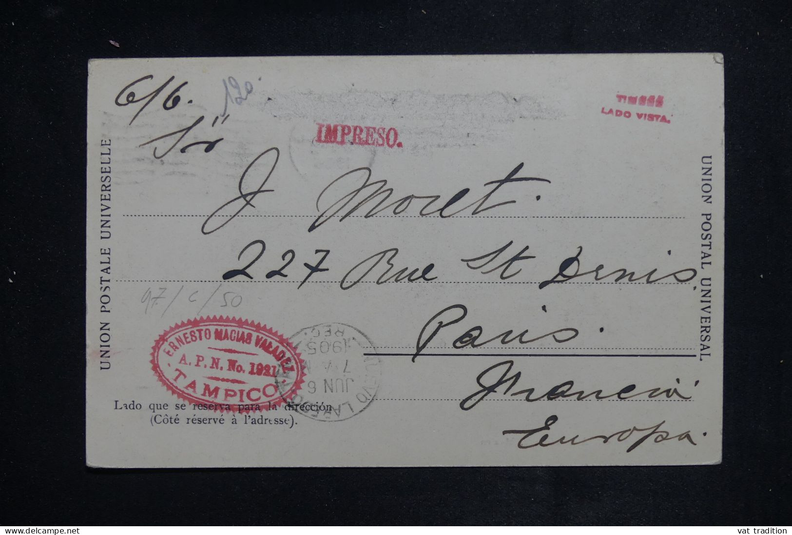 MEXIQUE - Affranchissement De Tampico Sur Carte Postale En 1905 Pour Paris  - L 150922 - Mexico