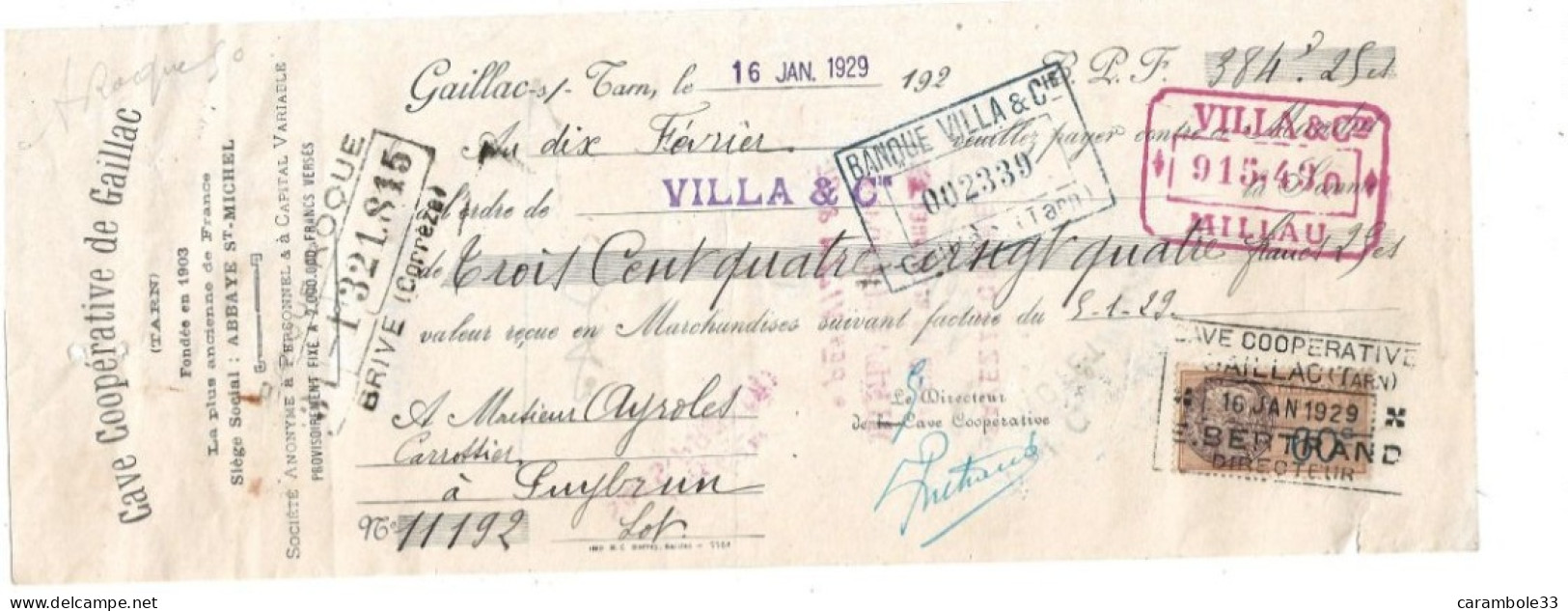 Lettre De Change   Cave Coopérative De GAILLAC  (Tarn)   1929       (1427) - Bills Of Exchange