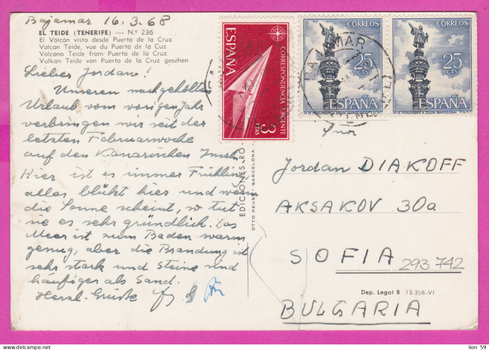 293742 / Spain - El Teide (Tenerife) Volcano Teide From Puerto De La Cruz PC 1968 Bajamar USSR - 3Pts+25+25Cts  - Tenerife