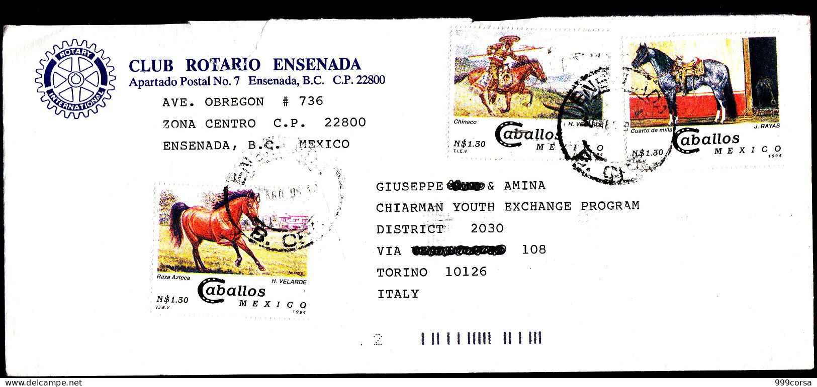 Messico, Rotary Club, Club Rotario Ensenada, Franc. Cavalli (strappo Su Parola Rotario) (busta 24x11) - Mexico
