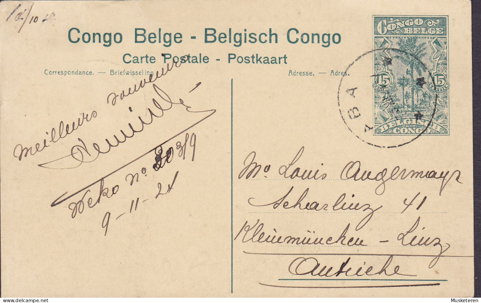 Belgian Congo Uprated Postal Stationery Entier 'Le Ministre Des Colonies á Une Mission Protestante ABA 1924 LENZ Austria - Enteros Postales