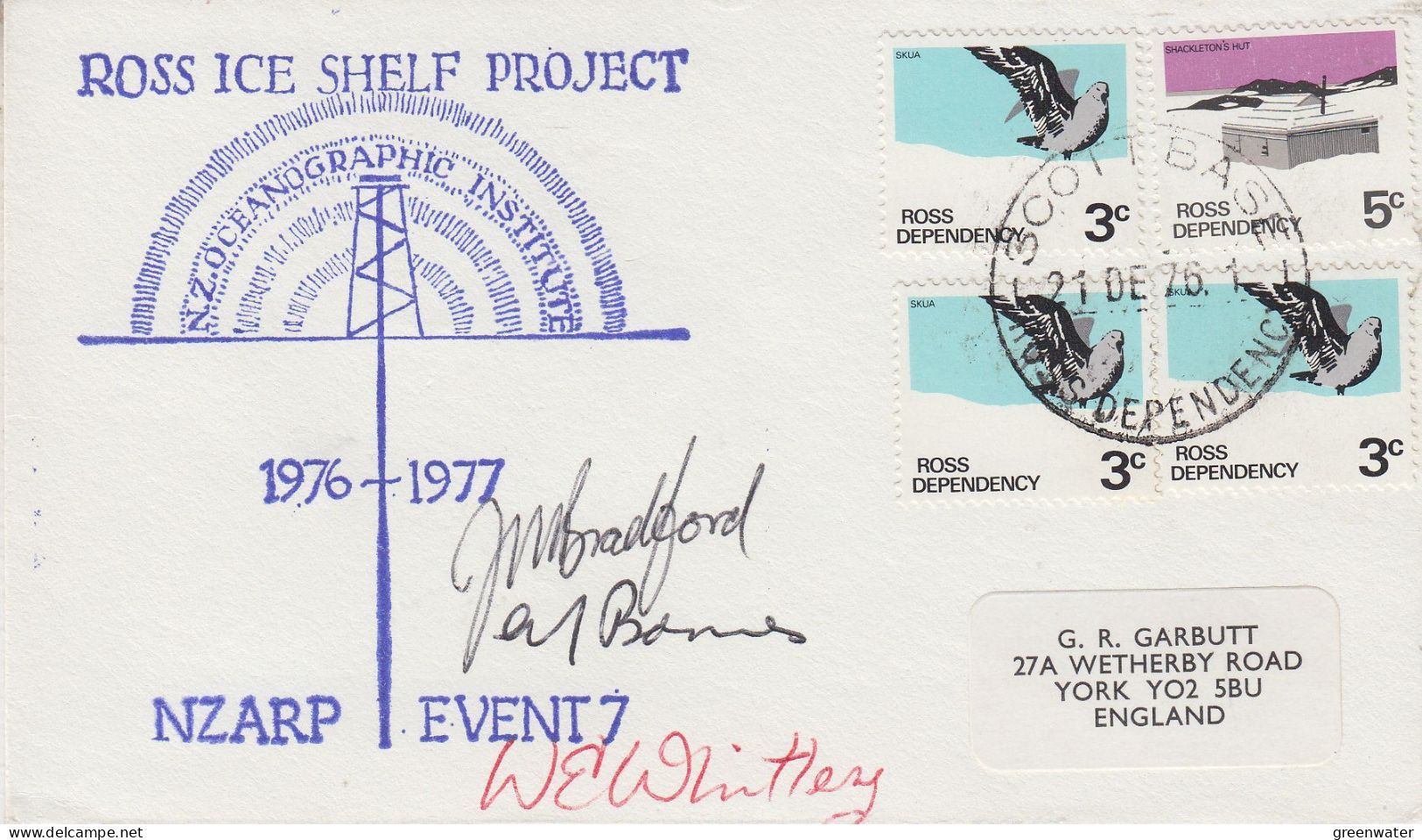 Ross Dependency  Ca NZ Oceanographic Institute Ross Ice Shelf 3 Signatures Ca Scott Base 21 DE 1976 (ZO235) - Basi Scientifiche
