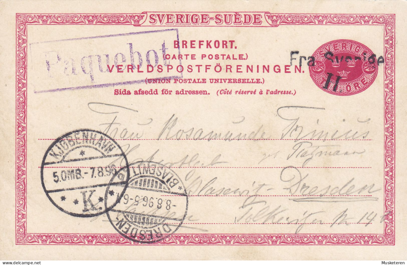 Sweden Postal Stationery Ganzsache Boxed Purple PAQUEBOT & 'Fra Sverige H.' Via KJØBENHAVN K. 1896 DRESDEN-BLASEWITZ - Ganzsachen