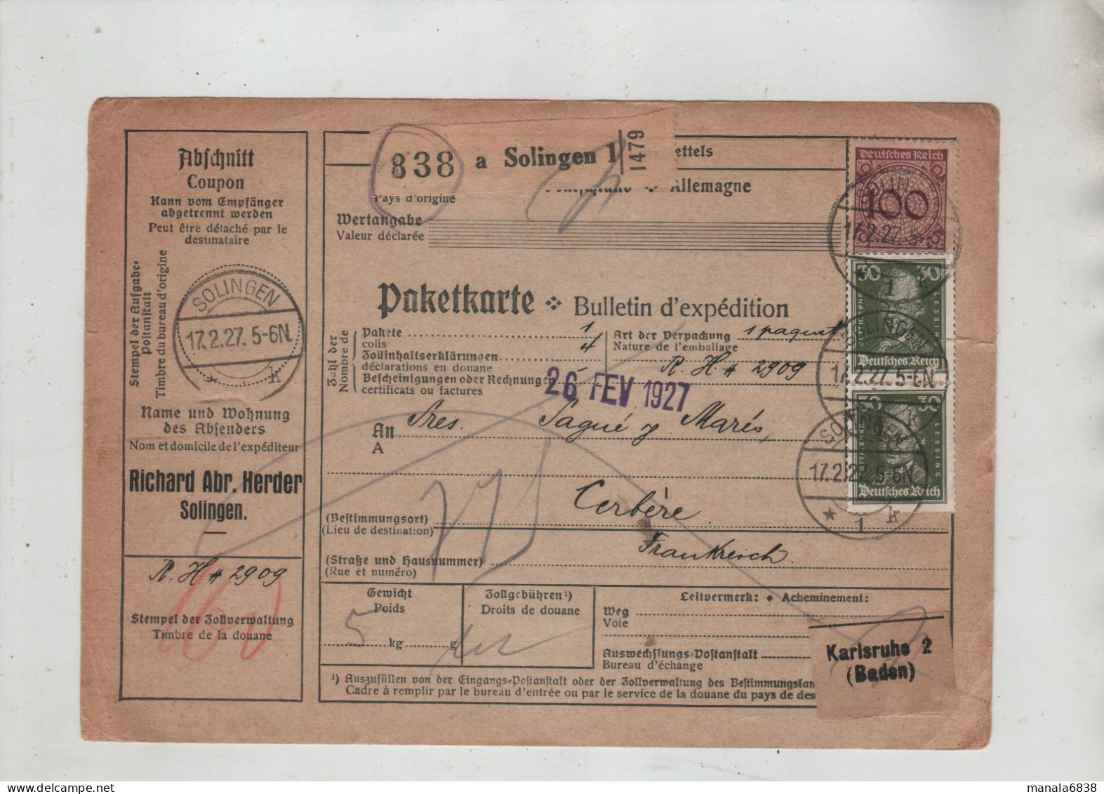Solingen 1927 Sagué Y Maris à Identifier Cerbère Richard Herder Karlsruhe - Other & Unclassified