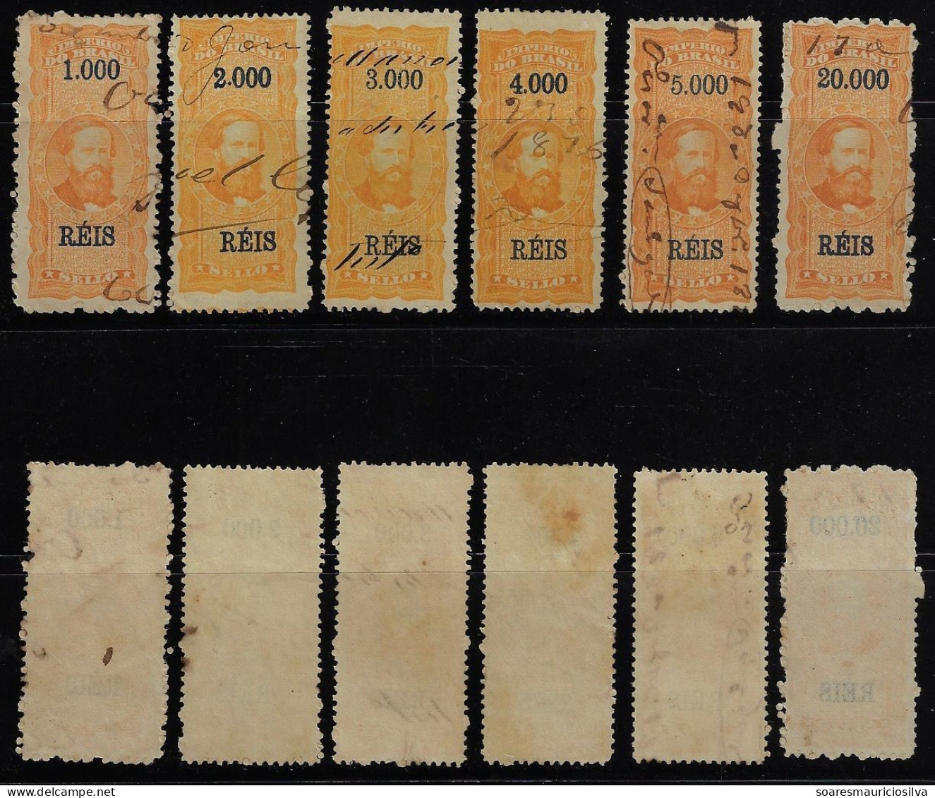 Brazil Year 1869 Fiscal Revenue Stamp Emperor Pedro II 1$ 2$ 3$ 4$ 5$ 20$ With Thousand Dot & White Paper Used - Used Stamps