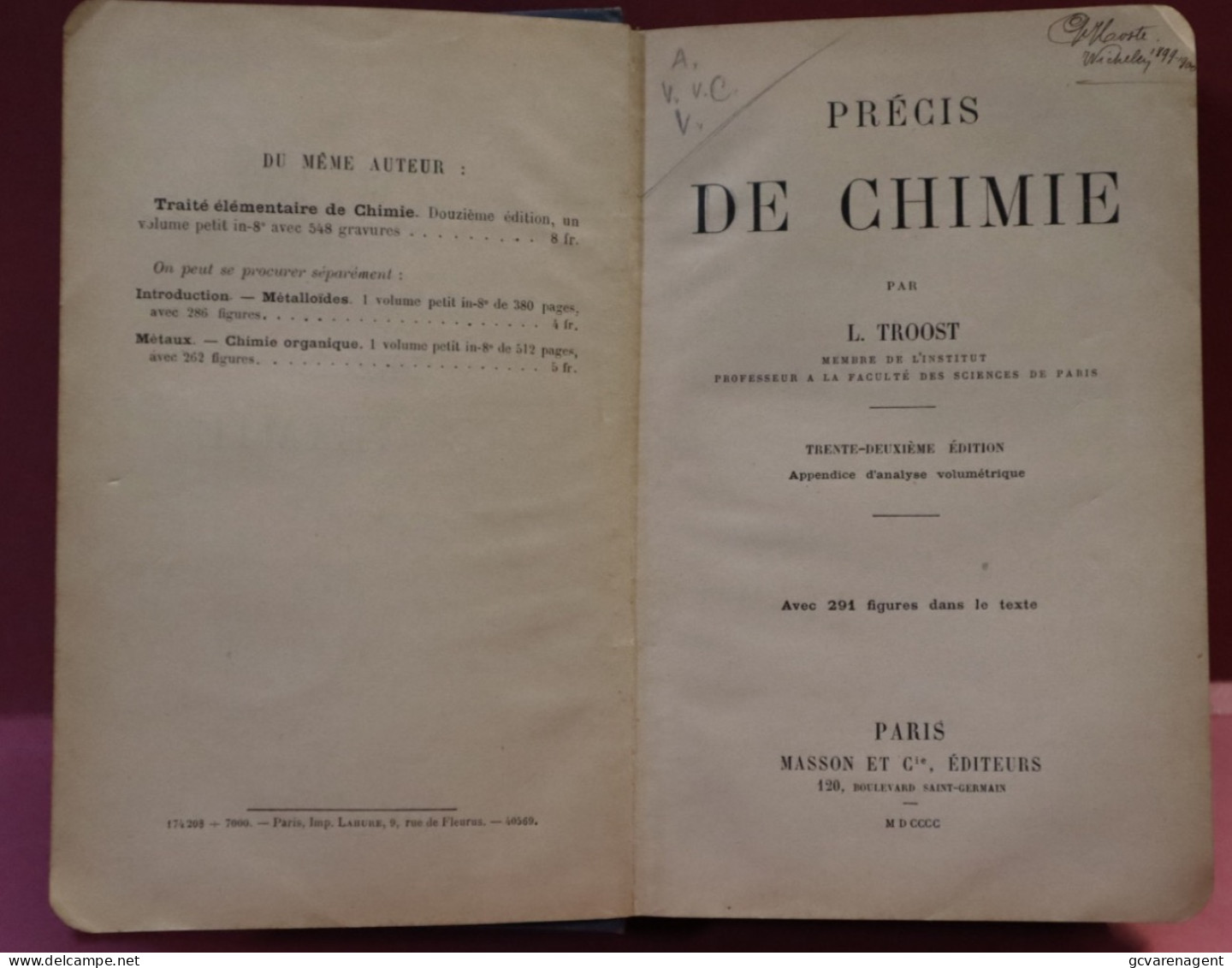 PRECIS DE CHIMIE - L.TROOST 1900 - BON ETAT - 380 PAGES =  18 X 13 CM  VOIR IMAGES - Wissenschaft