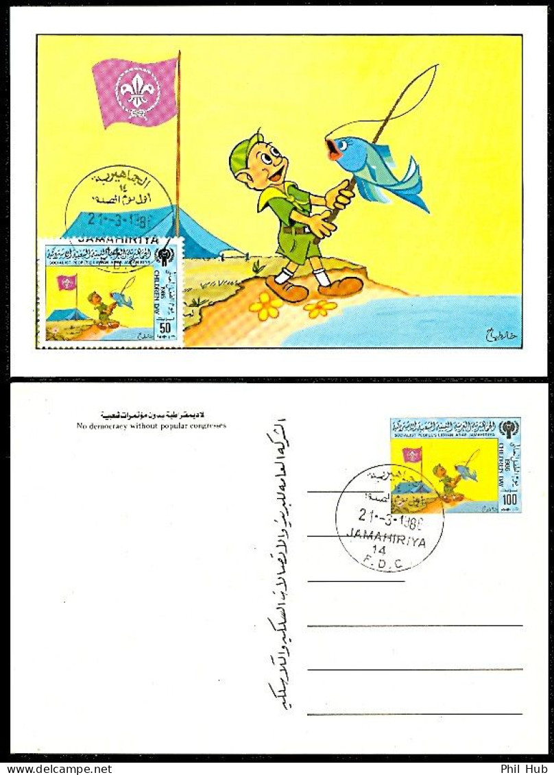 LIBYA 1986 Scouts Fish Comics Children (postal-stationery MAXIMUM FDC) - Covers & Documents